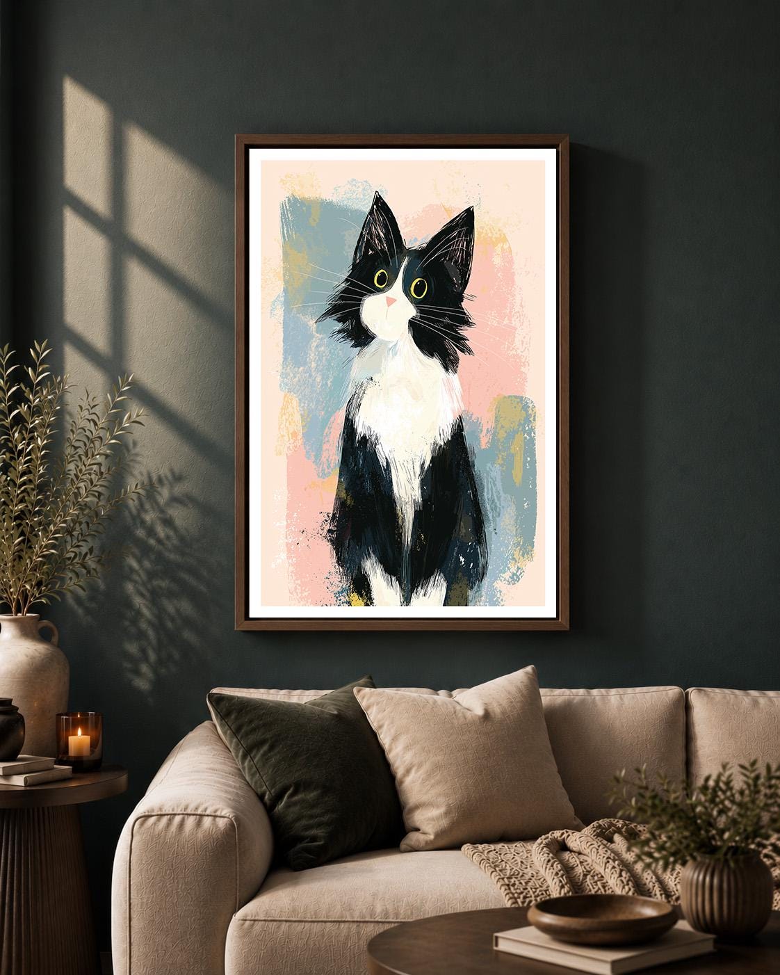 Tuxedo Cat Framed Canvas Art, Whimsical Kitty Print, Modern Pet Lover Decor by The Wall Art Studio - physical
