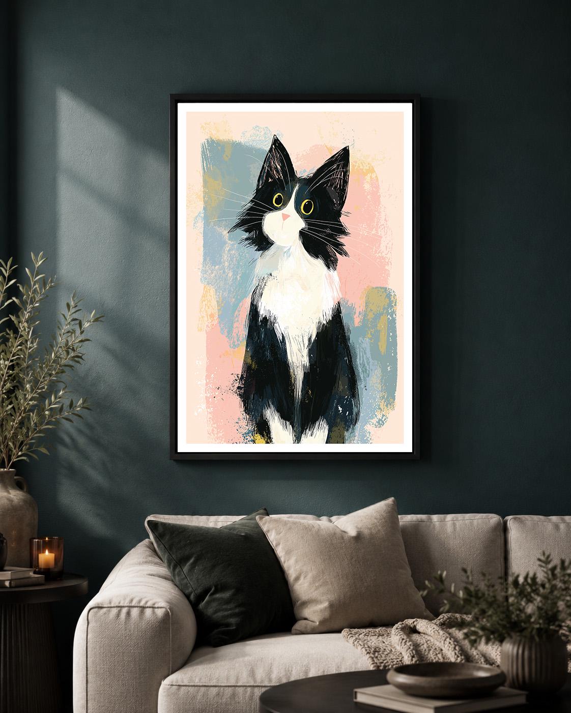 Tuxedo Cat Framed Canvas Art, Whimsical Kitty Print, Modern Pet Lover Decor by The Wall Art Studio - physical