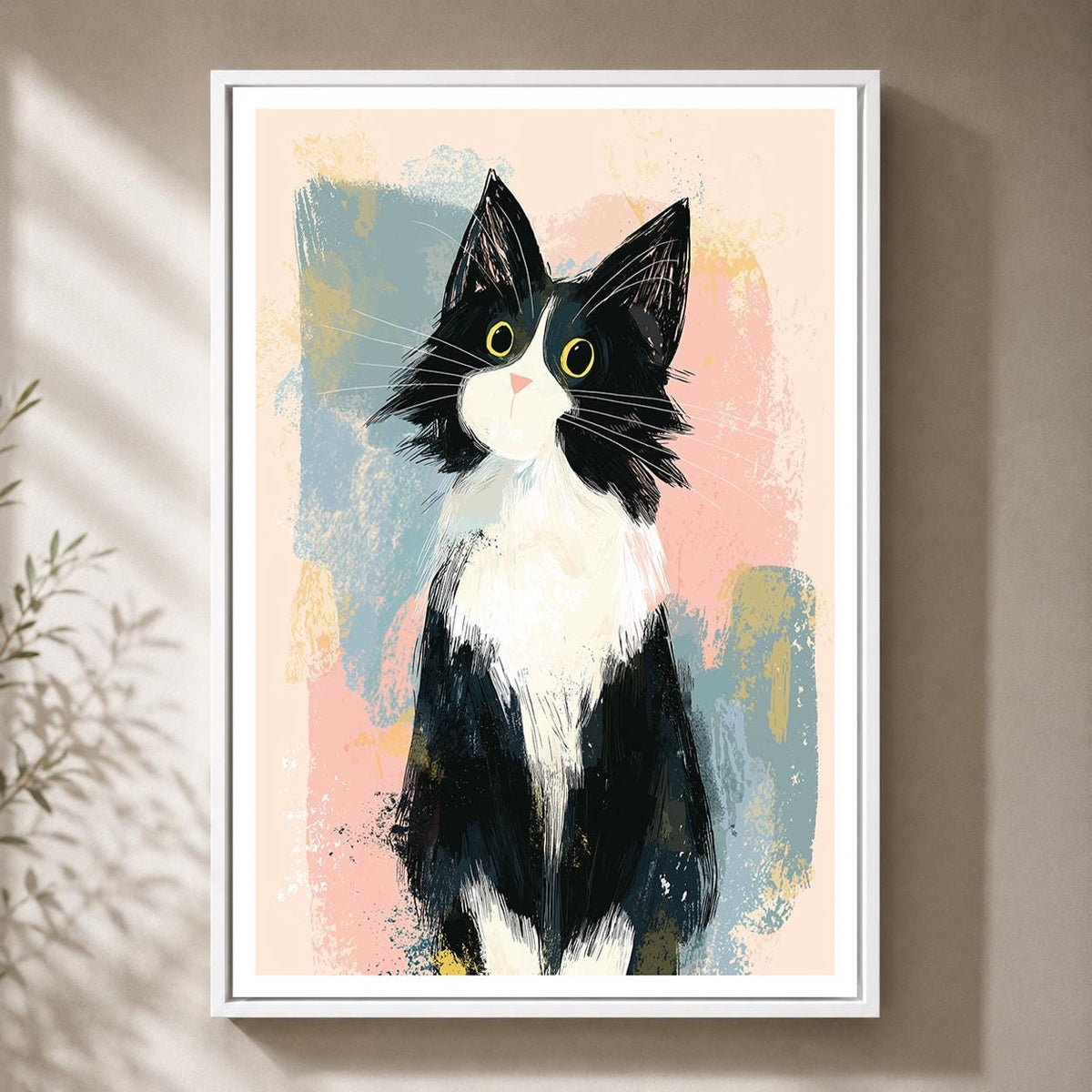 Tuxedo Cat Framed Canvas Art, Whimsical Kitty Print, Modern Pet Lover Decor by The Wall Art Studio - physical