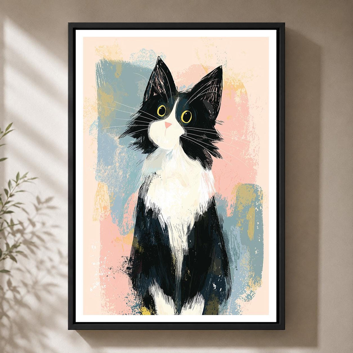 Tuxedo Cat Framed Canvas Art, Whimsical Kitty Print, Modern Pet Lover Decor by The Wall Art Studio - physical