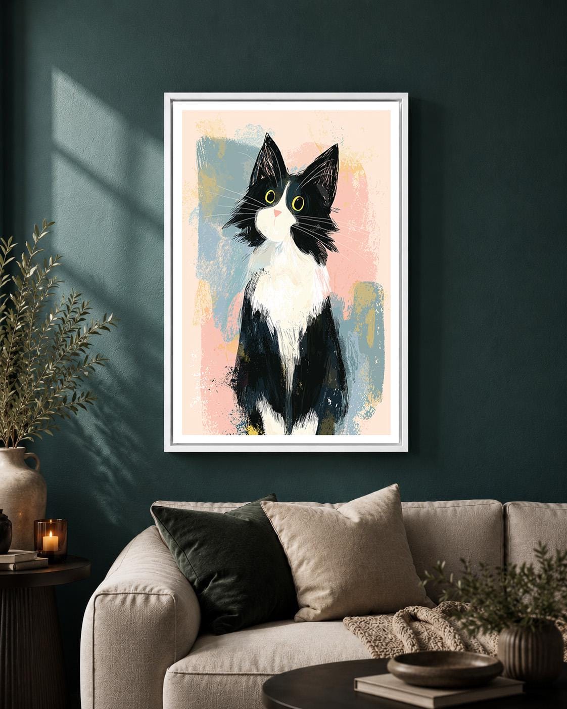 Tuxedo Cat Framed Canvas Art, Whimsical Kitty Print, Modern Pet Lover Decor by The Wall Art Studio - physical