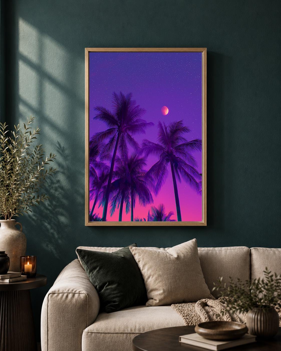 Vaporwave Palm Tree Framed Canvas Art, Neon Tropical Sunset Print, Retro Synthwave Decor by The Wall Art Studio - physical