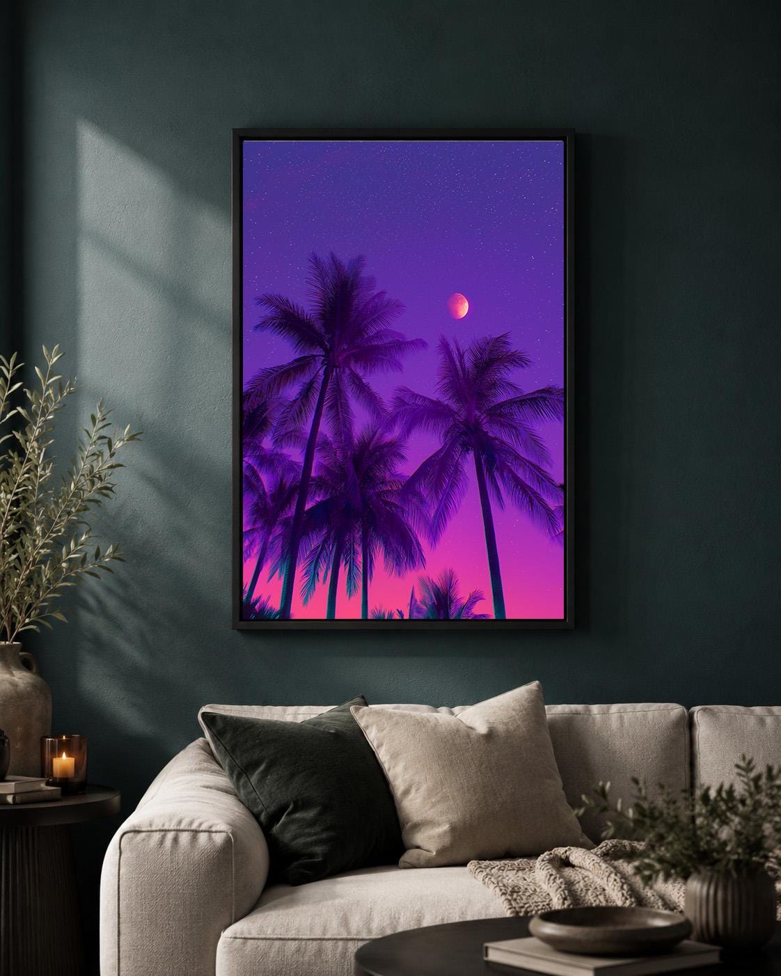 Vaporwave Palm Tree Framed Canvas Art, Neon Tropical Sunset Print, Retro Synthwave Decor by The Wall Art Studio - physical