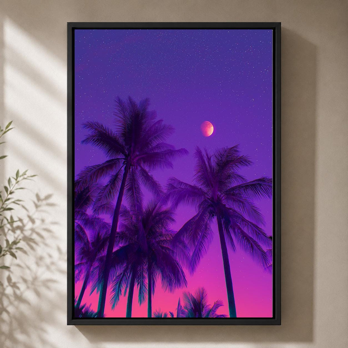 Vaporwave Palm Tree Framed Canvas Art, Neon Tropical Sunset Print, Retro Synthwave Decor by The Wall Art Studio - physical