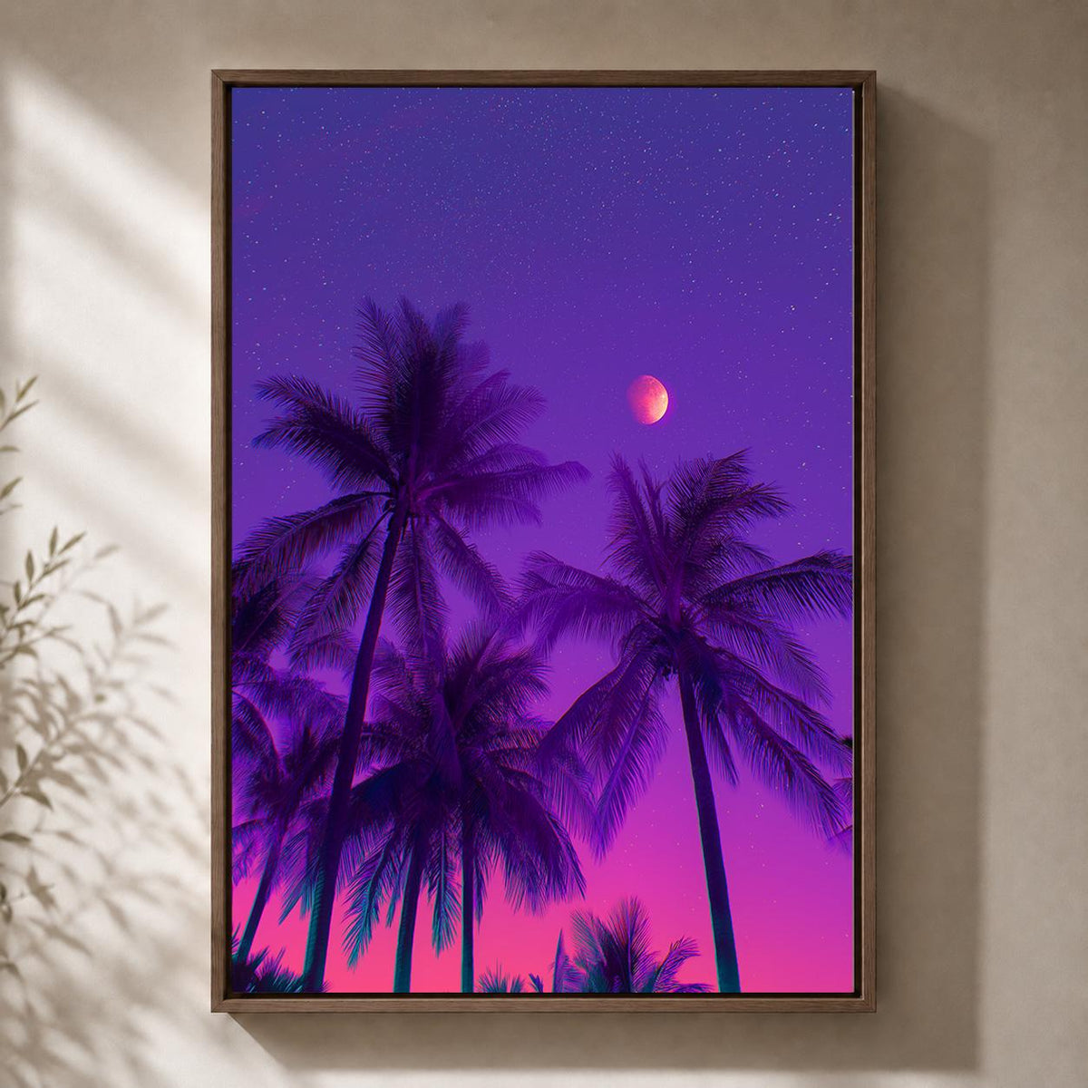 Vaporwave Palm Tree Framed Canvas Art, Neon Tropical Sunset Print, Retro Synthwave Decor by The Wall Art Studio - physical