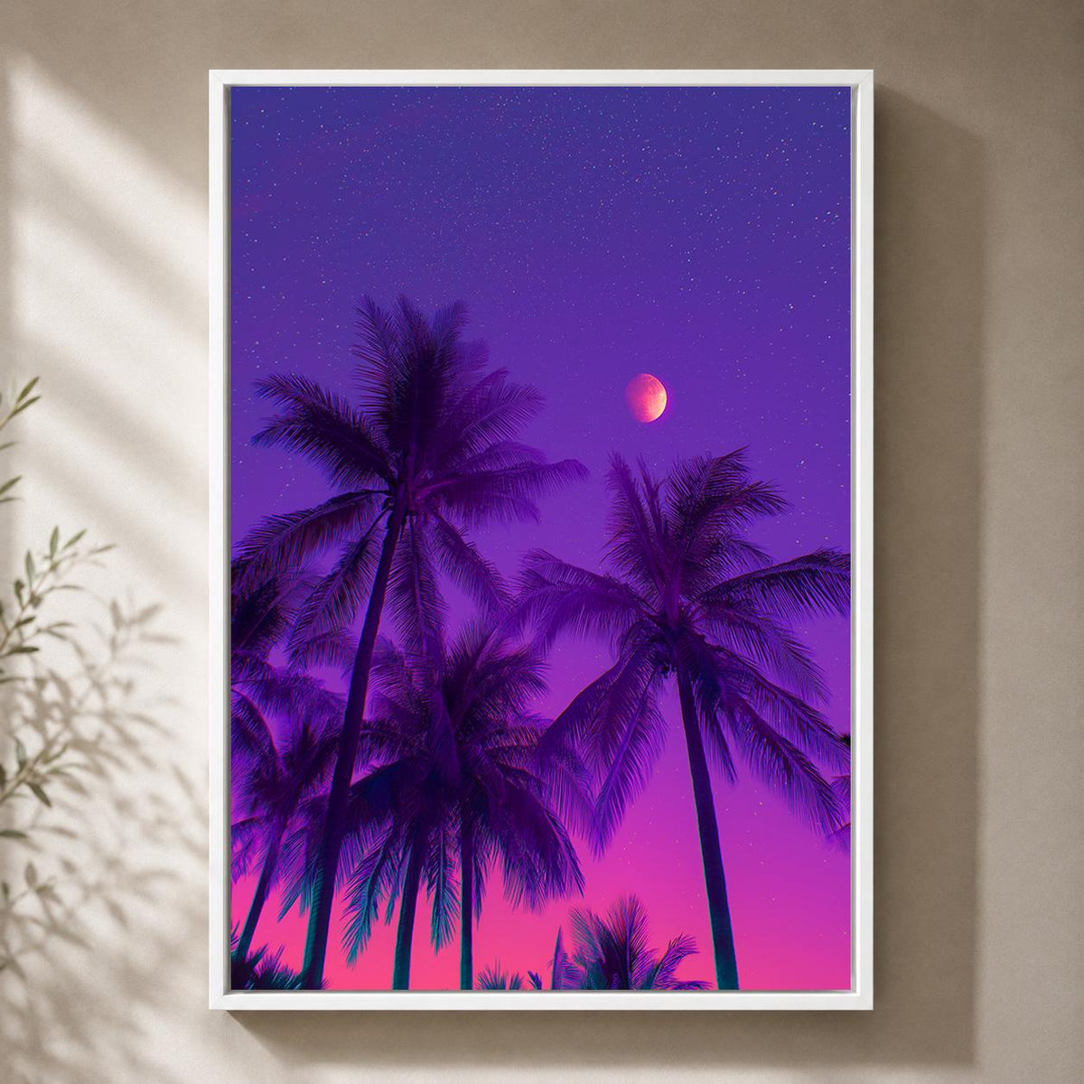 Vaporwave Palm Tree Framed Canvas Art, Neon Tropical Sunset Print, Retro Synthwave Decor by The Wall Art Studio - physical