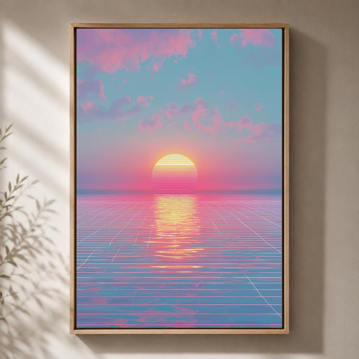 Vaporwave Sunset Framed Canvas Art, Synthwave Ocean Print, Retro Neon Landscape, 80s Decor by The Wall Art Studio - physical