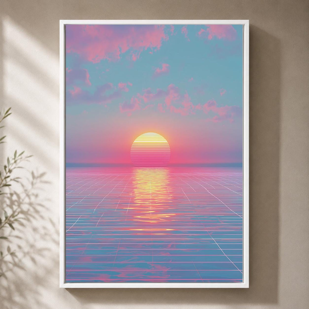 Vaporwave Sunset Framed Canvas Art, Synthwave Ocean Print, Retro Neon Landscape, 80s Decor by The Wall Art Studio - physical