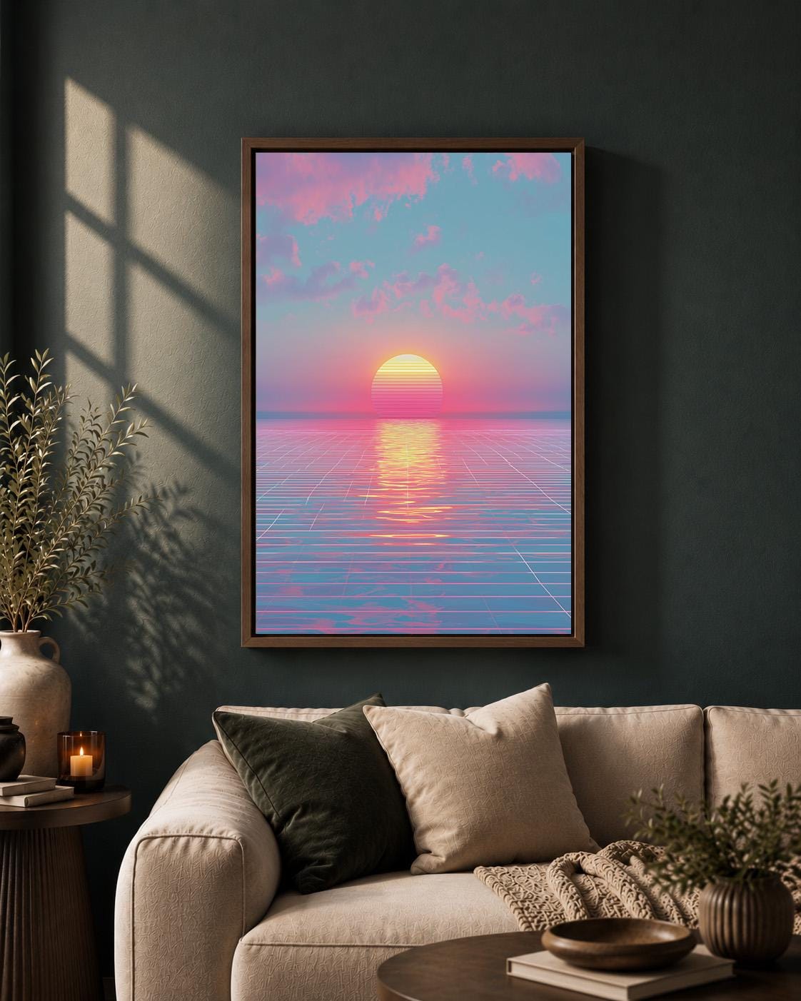 Vaporwave Sunset Framed Canvas Art, Synthwave Ocean Print, Retro Neon Landscape, 80s Decor by The Wall Art Studio - physical