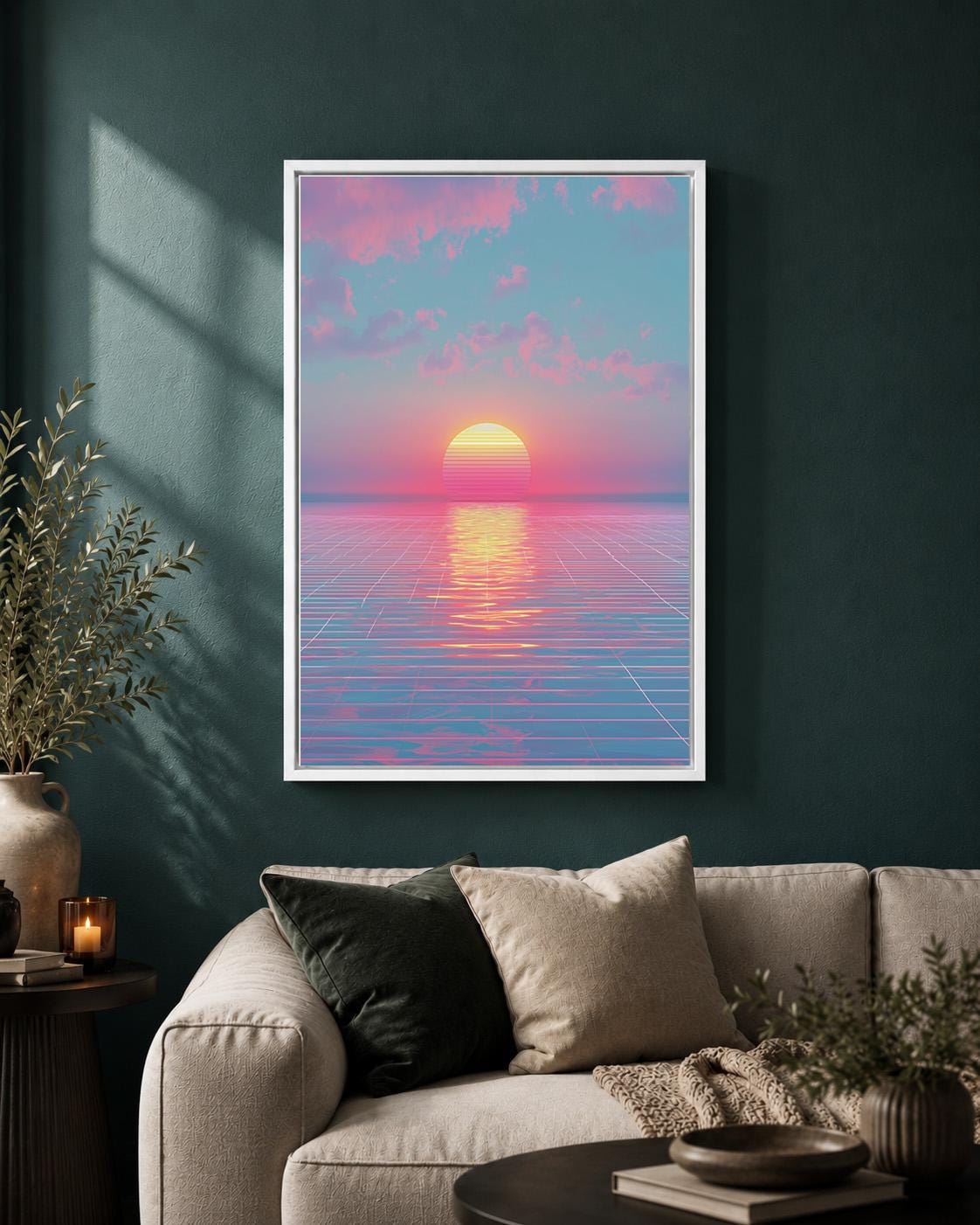 Vaporwave Sunset Framed Canvas Art, Synthwave Ocean Print, Retro Neon Landscape, 80s Decor by The Wall Art Studio - physical