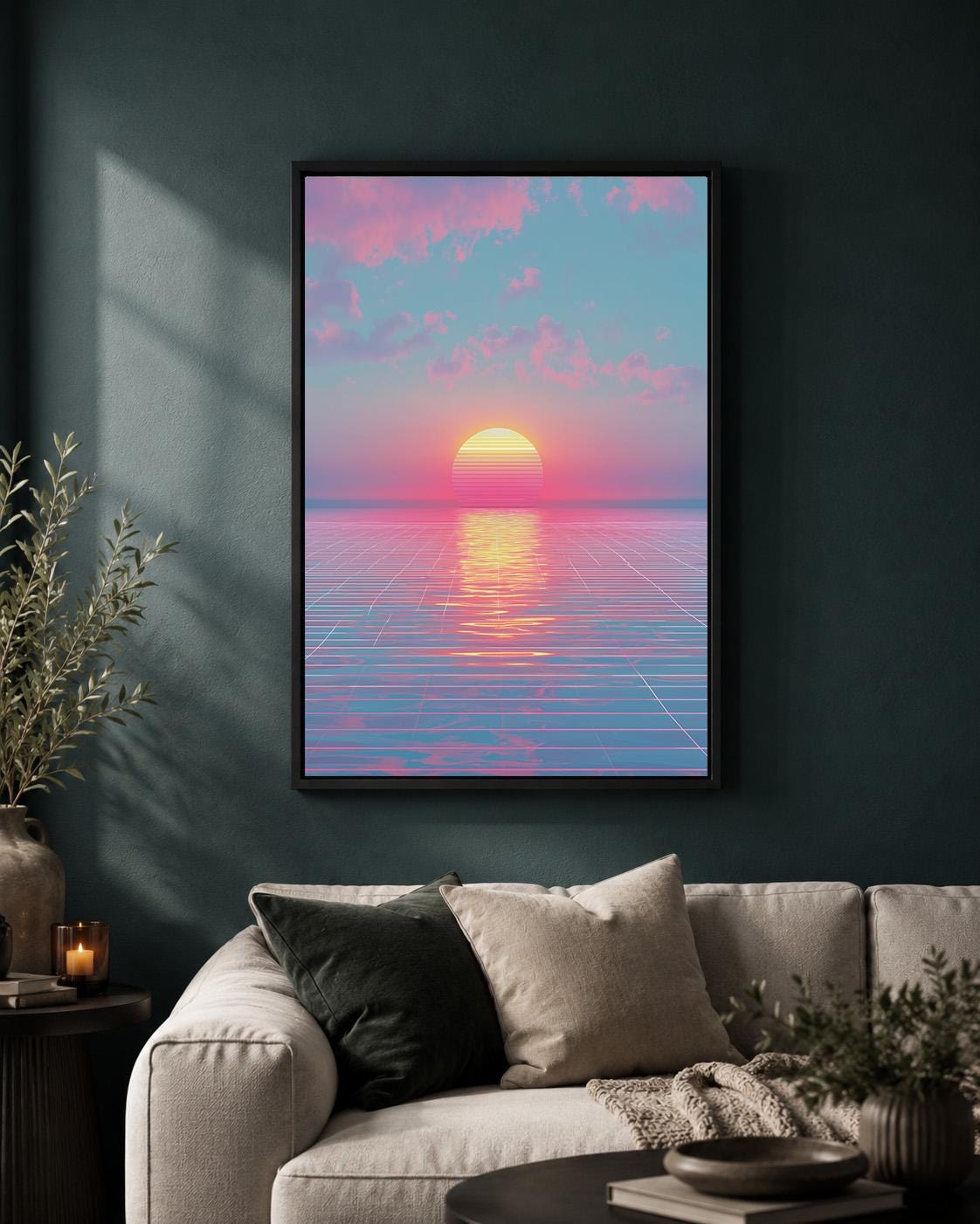 Vaporwave Sunset Framed Canvas Art, Synthwave Ocean Print, Retro Neon Landscape, 80s Decor by The Wall Art Studio - physical