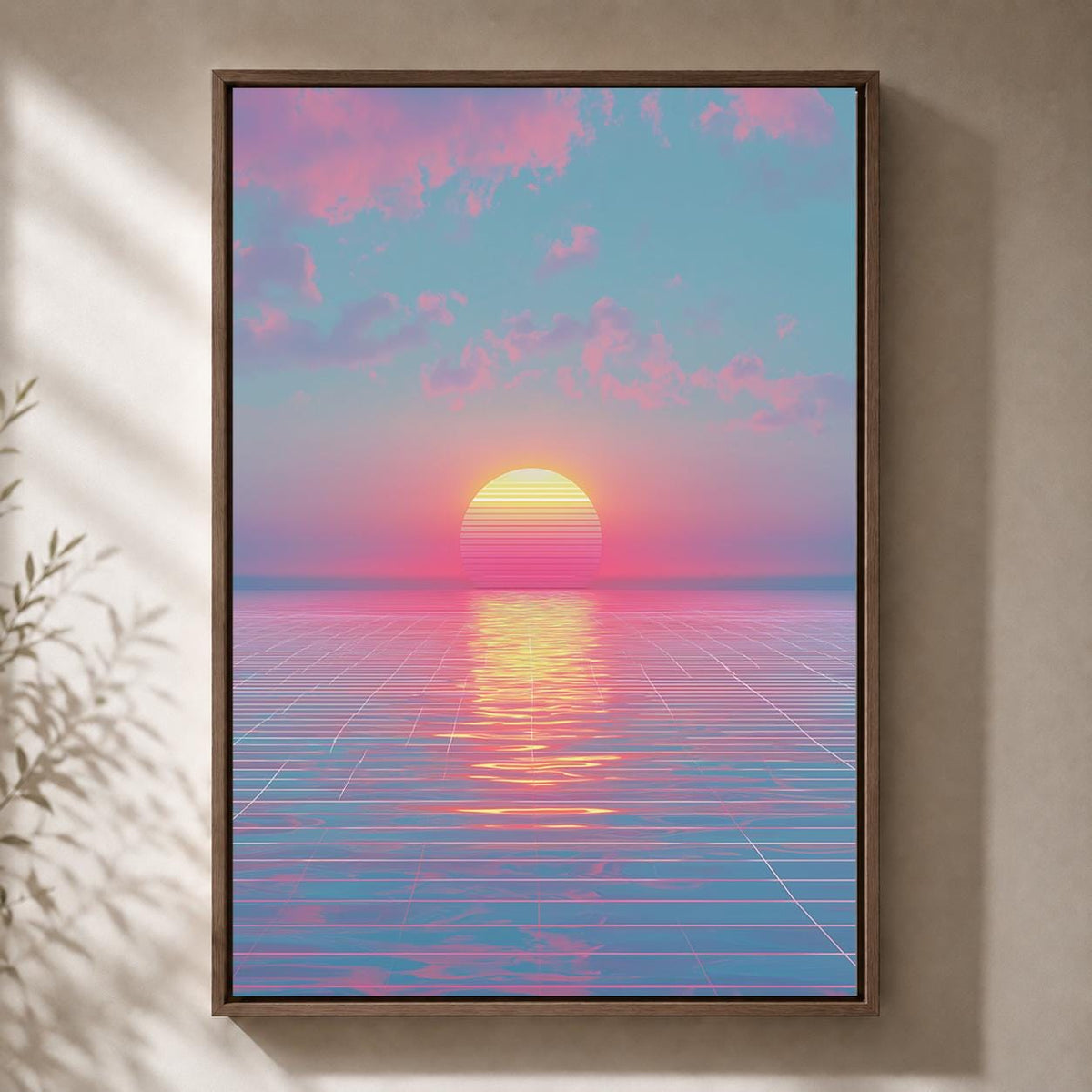 Vaporwave Sunset Framed Canvas Art, Synthwave Ocean Print, Retro Neon Landscape, 80s Decor by The Wall Art Studio - physical