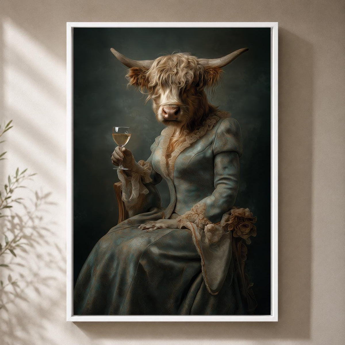 Victorian Highland Cow Lady Portrait, Dark Academia Animal Framed Canvas Art by The Wall Art Studio - physical