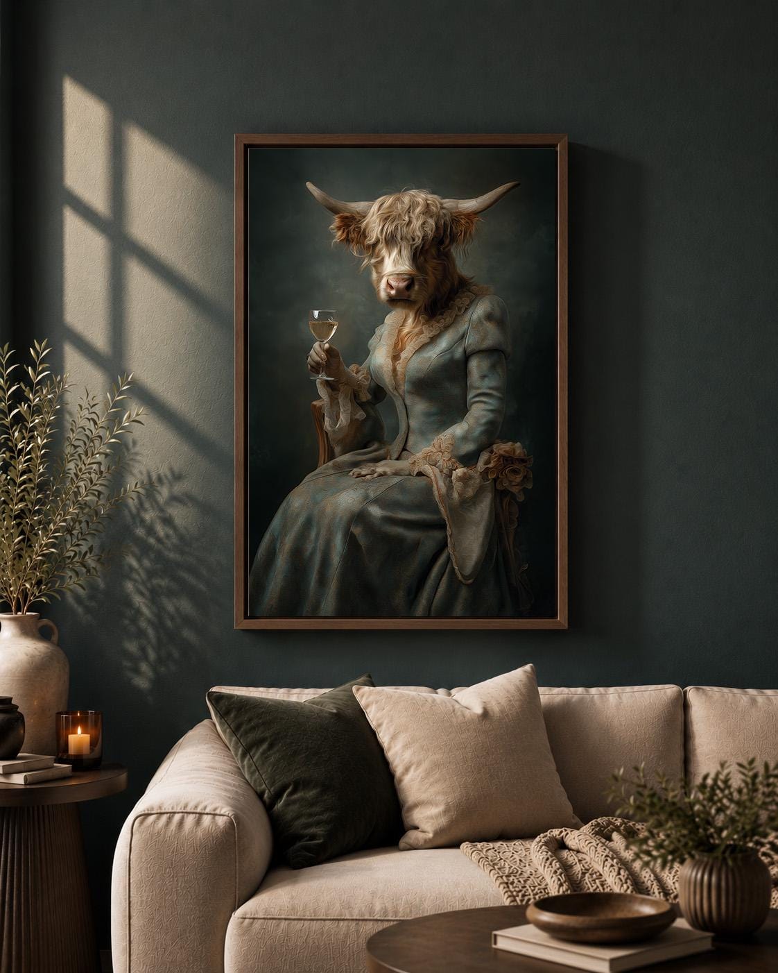 Victorian Highland Cow Lady Portrait, Dark Academia Animal Framed Canvas Art by The Wall Art Studio - physical