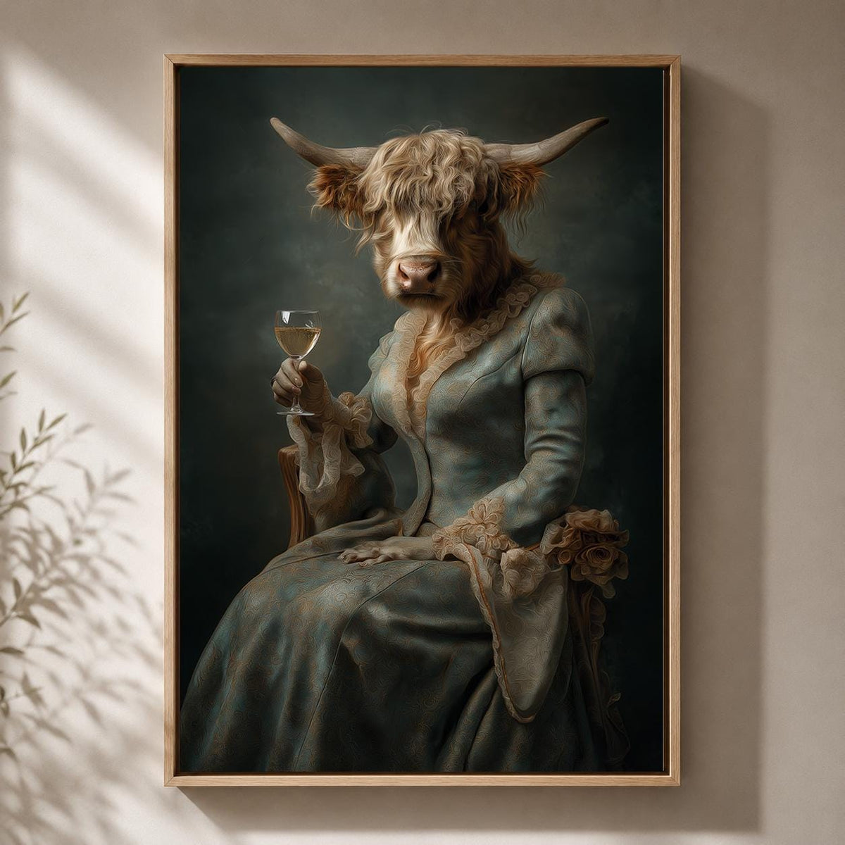 Victorian Highland Cow Lady Portrait, Dark Academia Animal Framed Canvas Art by The Wall Art Studio - physical