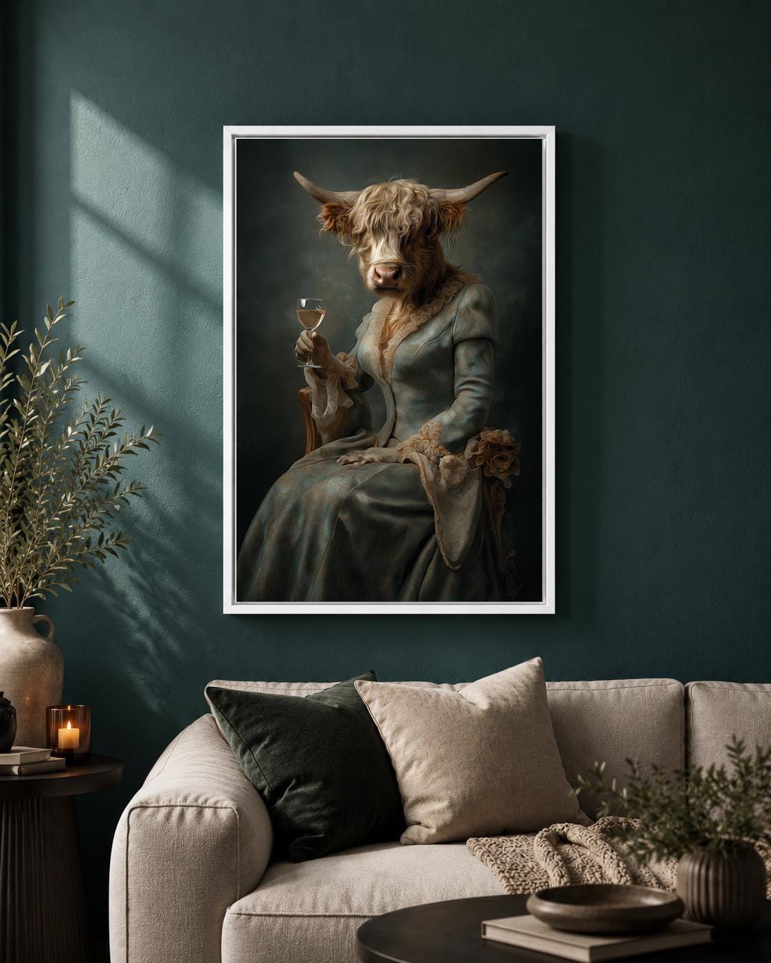 Victorian Highland Cow Lady Portrait, Dark Academia Animal Framed Canvas Art by The Wall Art Studio - physical