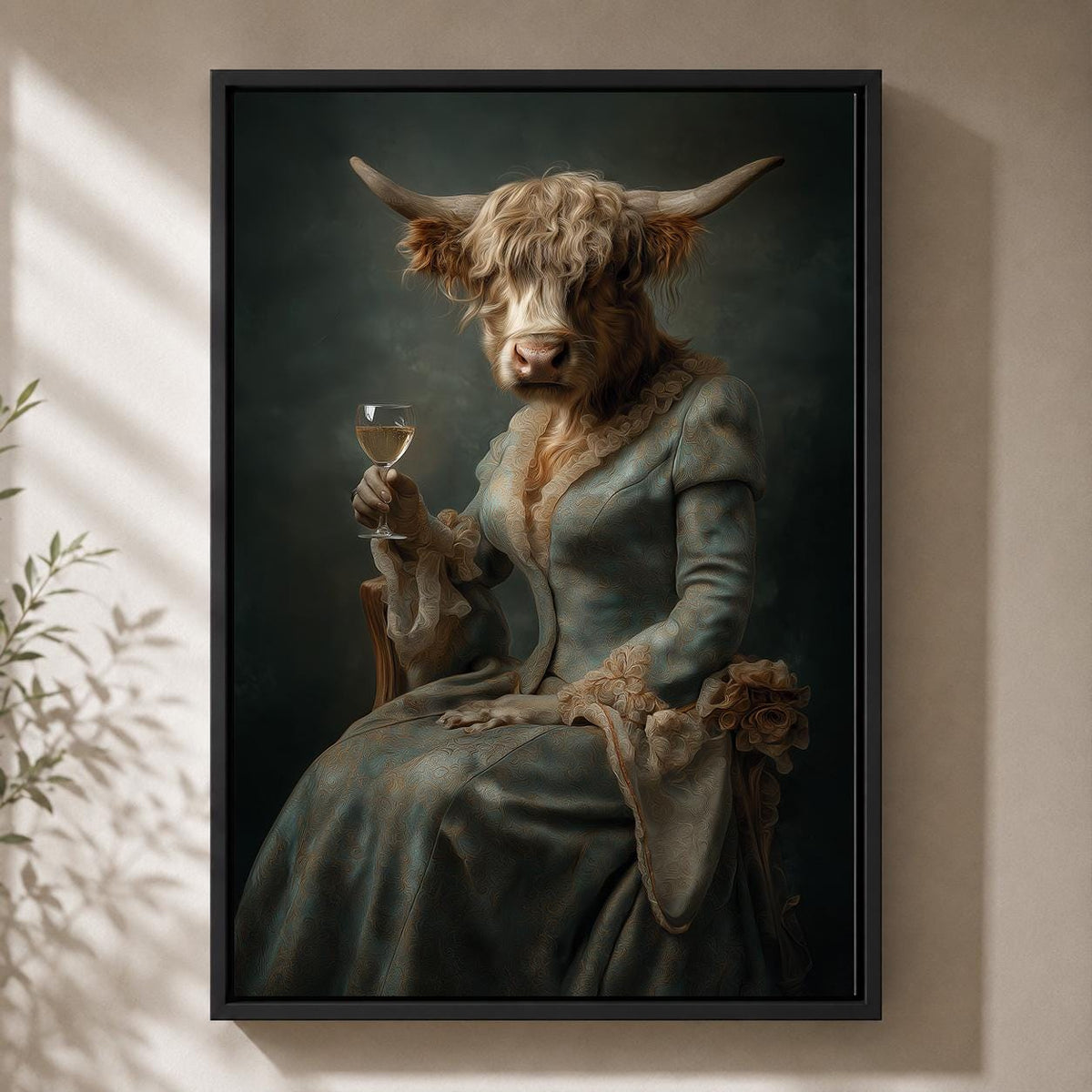 Victorian Highland Cow Lady Portrait, Dark Academia Animal Framed Canvas Art by The Wall Art Studio - physical