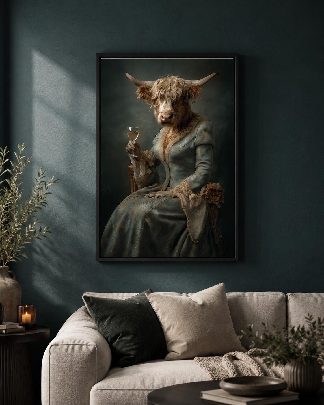 Victorian Highland Cow Lady Portrait, Dark Academia Animal Framed Canvas Art by The Wall Art Studio - physical
