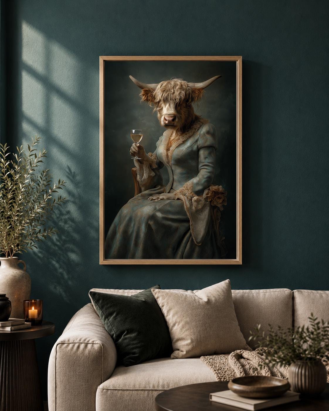 Victorian Highland Cow Lady Portrait, Dark Academia Animal Framed Canvas Art by The Wall Art Studio - physical
