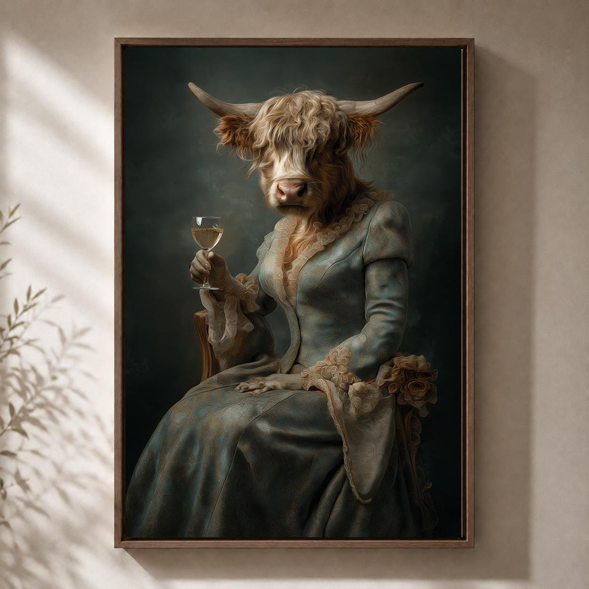 Victorian Highland Cow Lady Portrait, Dark Academia Animal Framed Canvas Art by The Wall Art Studio - physical