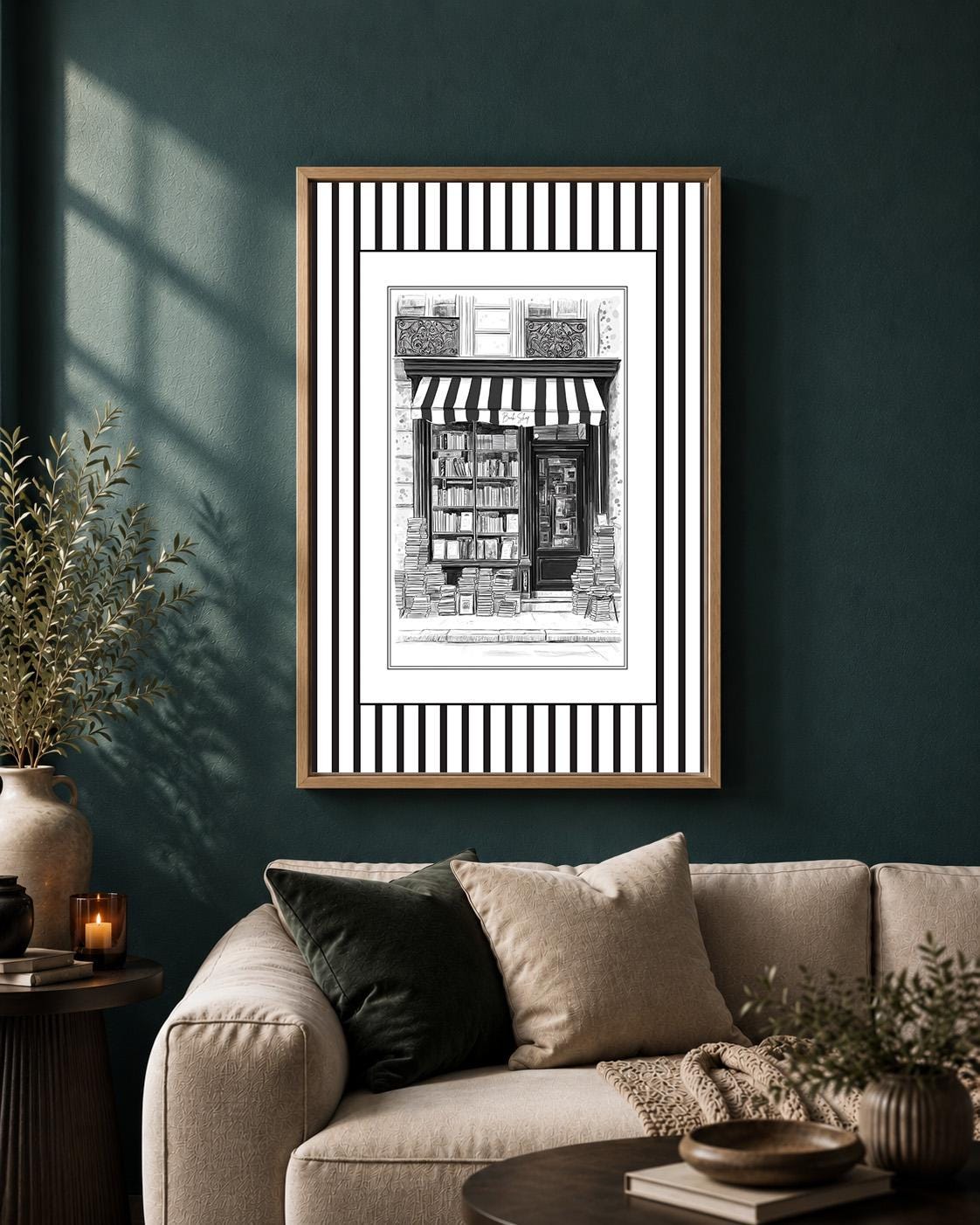 Vintage Bookshop Framed Canvas Art, Black and White Bookstore Print, Library Decor by The Wall Art Studio - physical