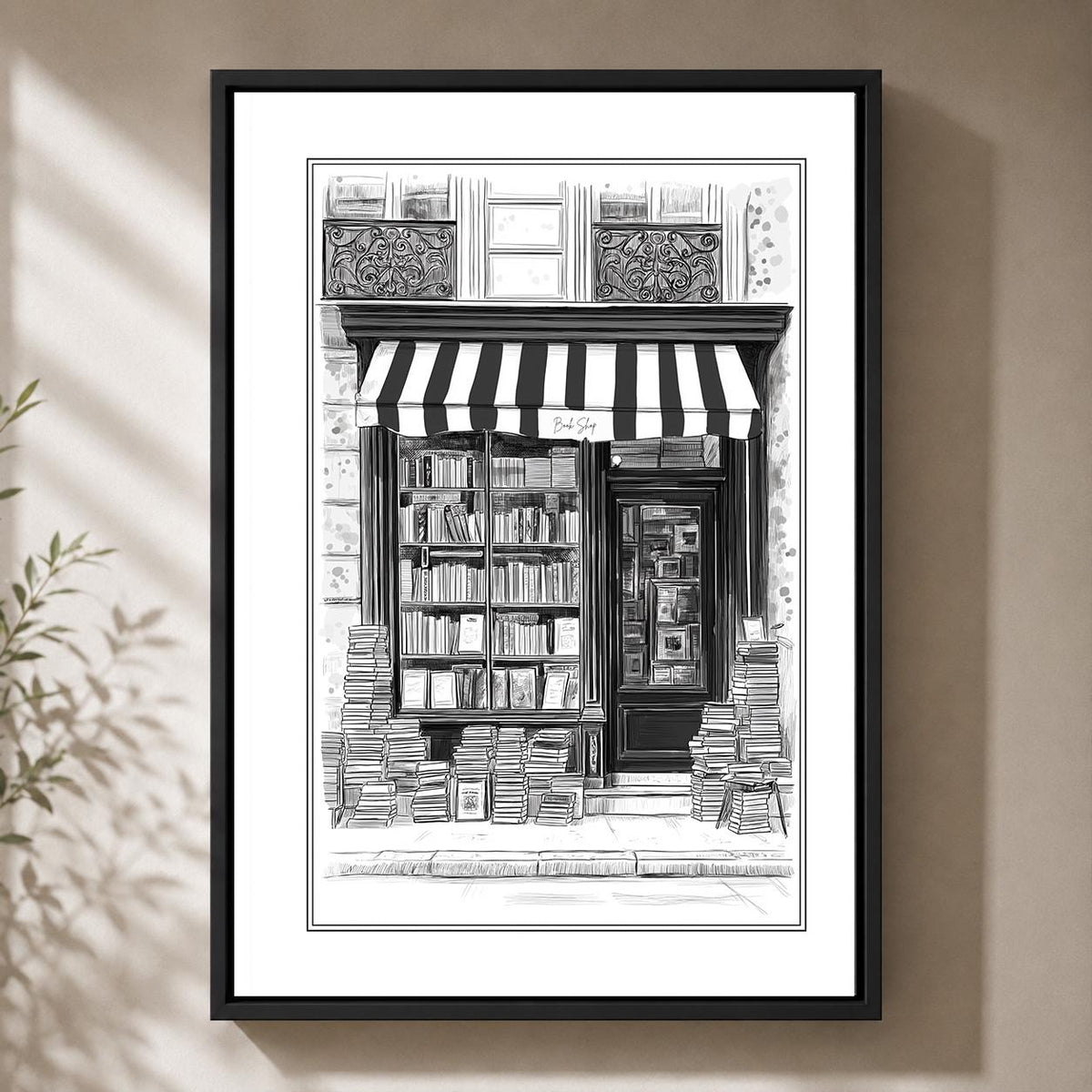 Vintage Bookshop Framed Canvas Art, Black and White Bookstore Print, Library Decor by The Wall Art Studio - physical