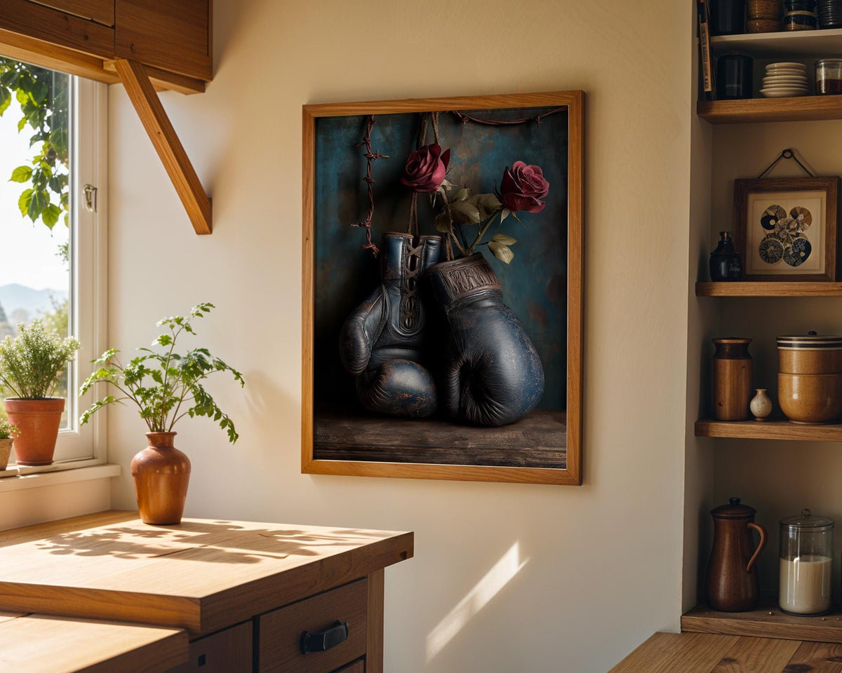 Vintage Boxing Gloves Print, Dark Moody Sports Decor, Retro Athletic Poster (Framed Option) by The Wall Art Studio - physical