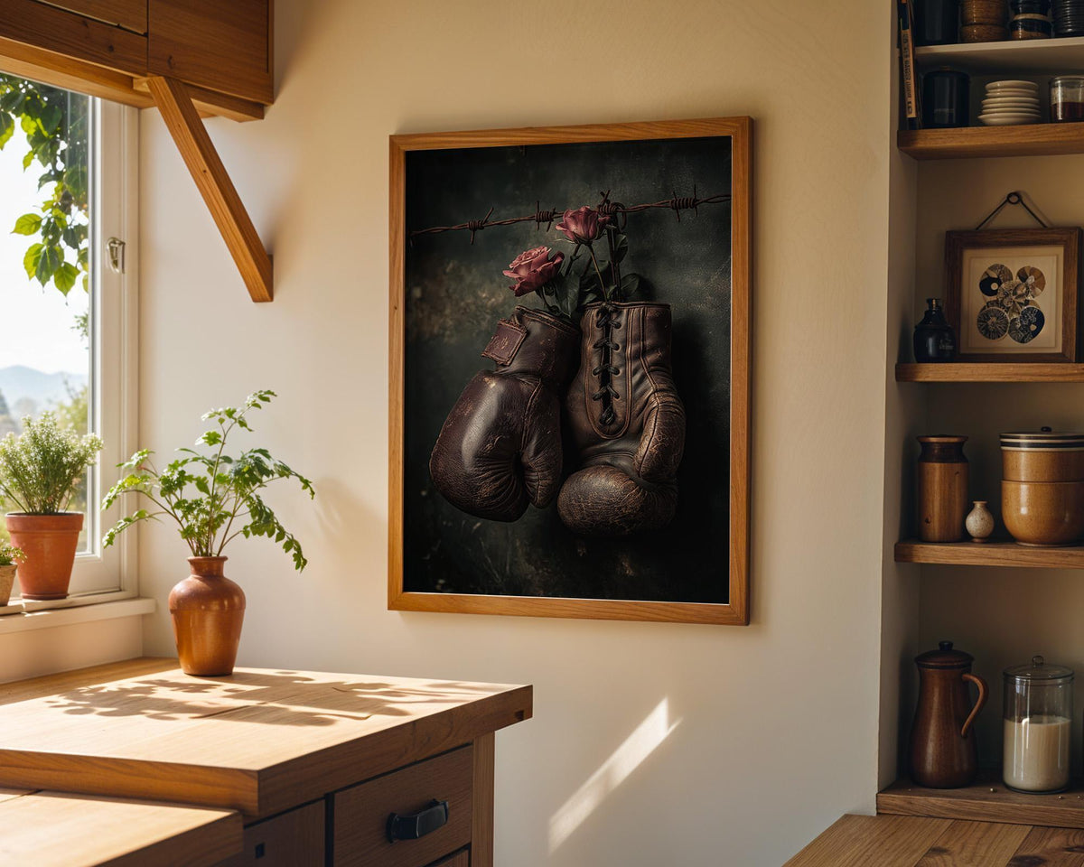 Vintage Boxing Gloves Print, Dark Moody Sports Decor, Retro Athletic Poster (Framed Option) by The Wall Art Studio - physical