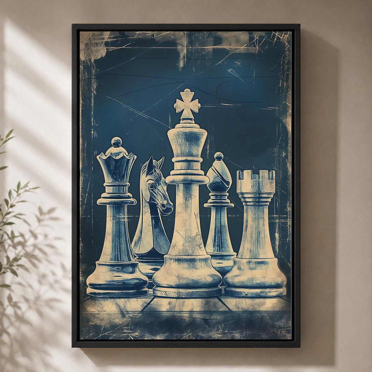 Vintage Chess Framed Canvas Art, Blue King Queen Knight Print, Masculine Strategy Game Room Decor by The Wall Art Studio -...