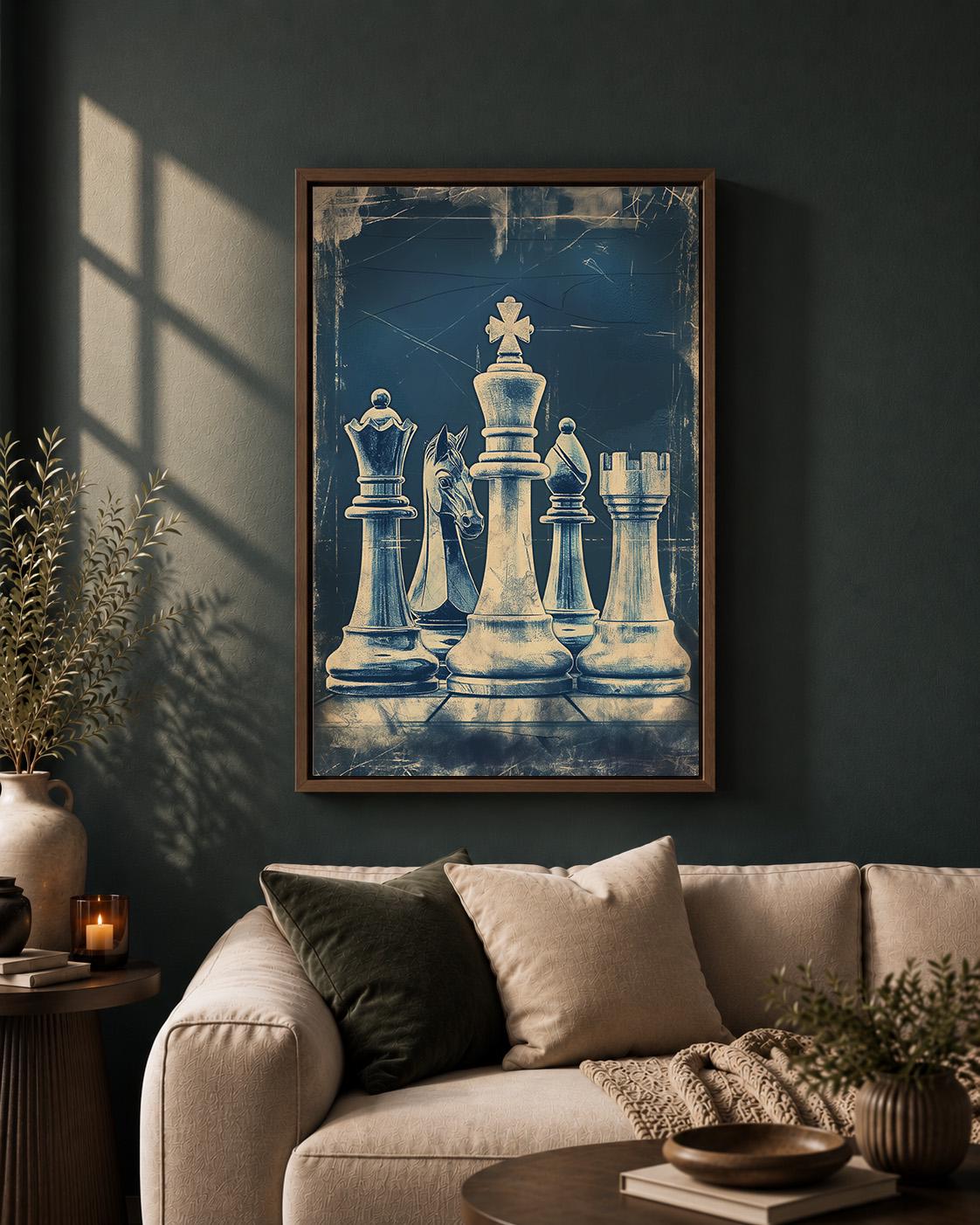 Vintage Chess Framed Canvas Art, Blue King Queen Knight Print, Masculine Strategy Game Room Decor by The Wall Art Studio -...
