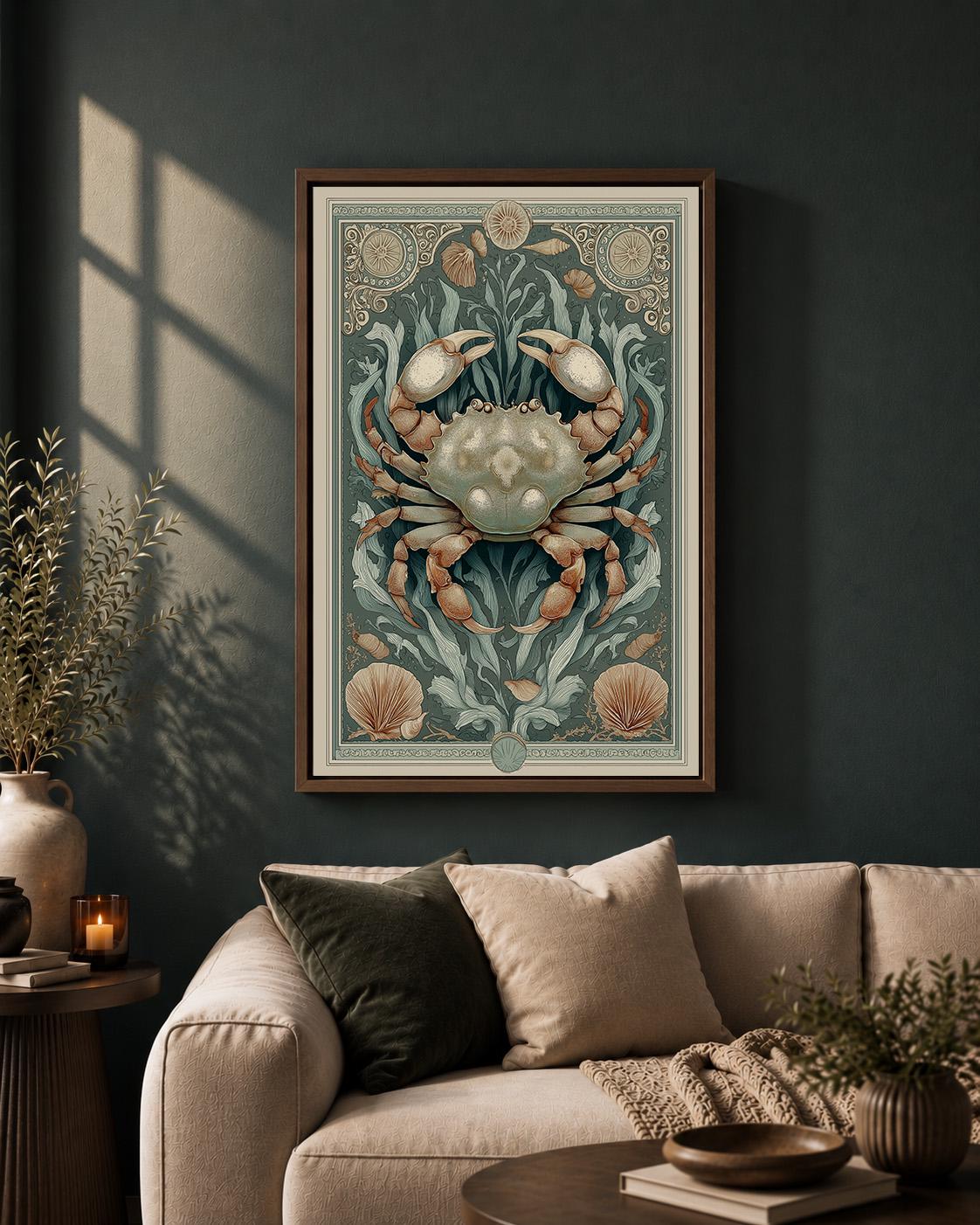 Vintage Coastal Crab Framed Canvas Art, Nautical Sea Life Print, Art Nouveau Beach Decor by The Wall Art Studio - physical