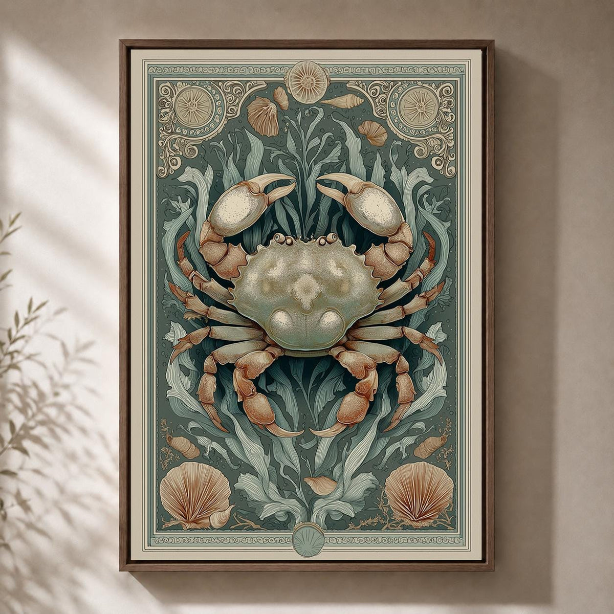 Vintage Coastal Crab Framed Canvas Art, Nautical Sea Life Print, Art Nouveau Beach Decor by The Wall Art Studio - physical
