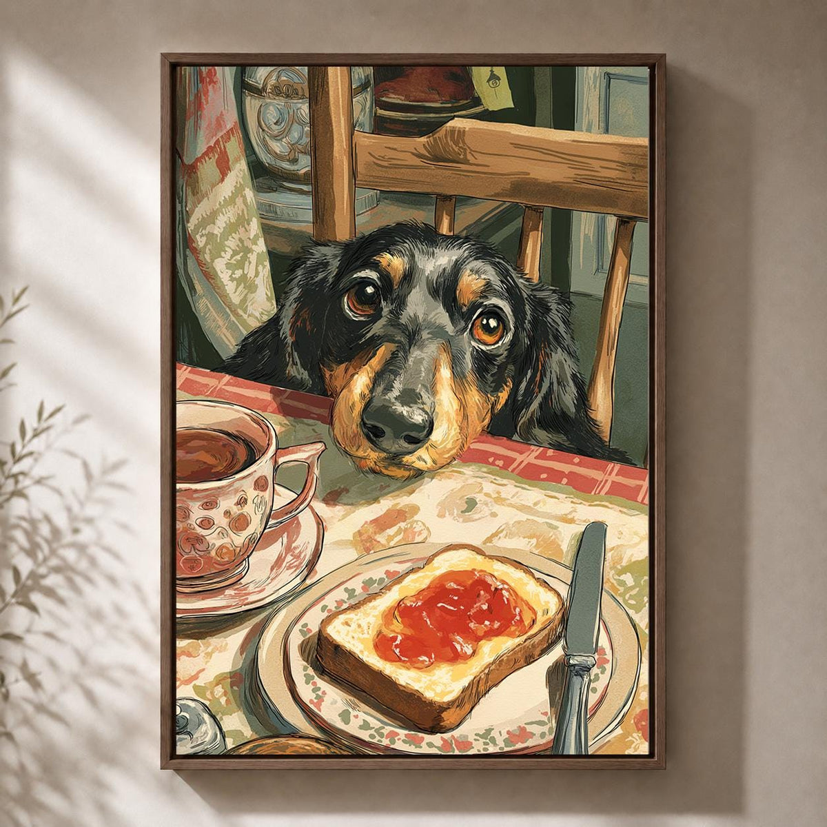 Vintage Dachshund Breakfast Framed Canvas, Sausage Dog Kitchen Decor, Framed Canvas Artwork by The Wall Art Studio - physical