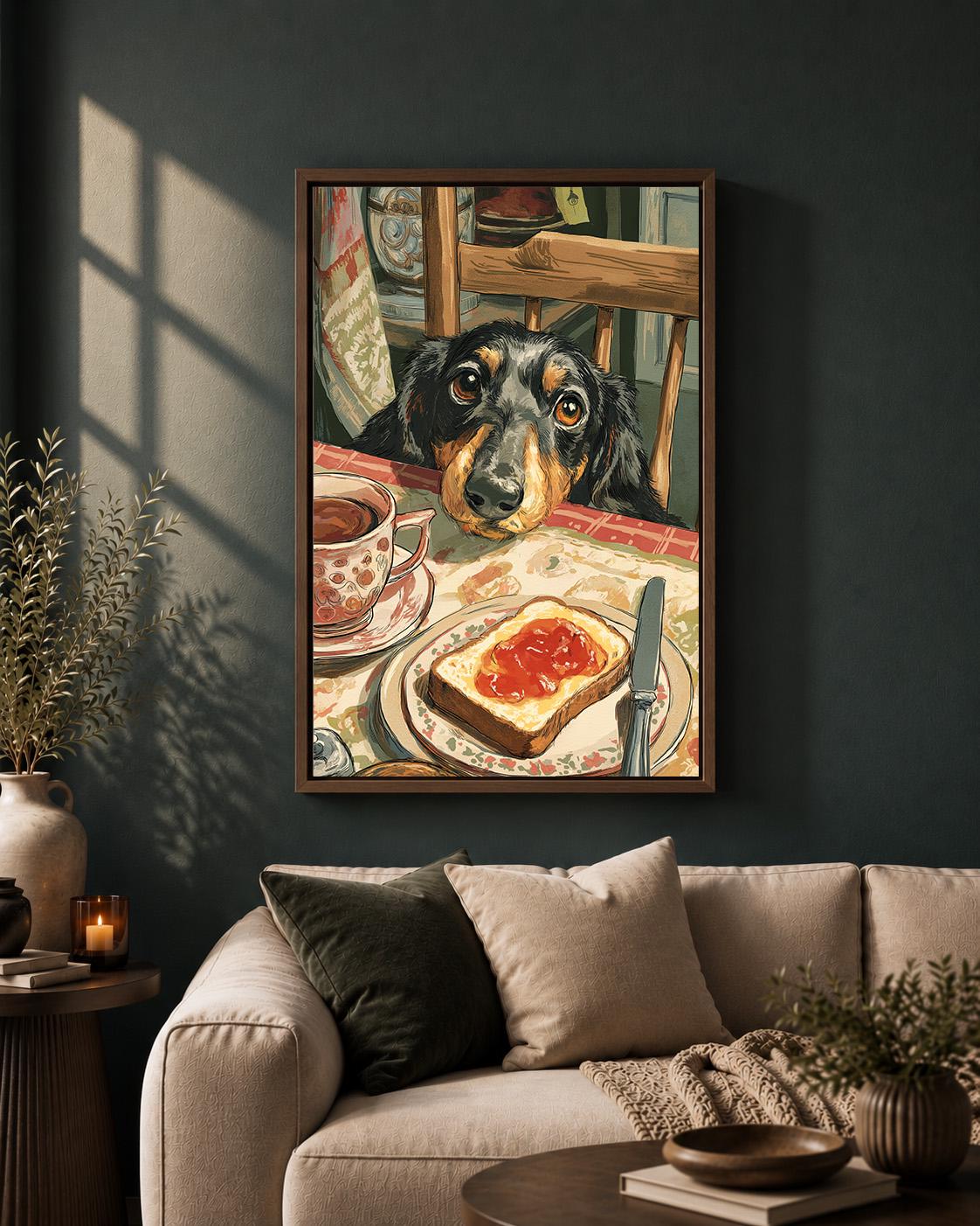 Vintage Dachshund Breakfast Framed Canvas, Sausage Dog Kitchen Decor, Framed Canvas Artwork by The Wall Art Studio - physical