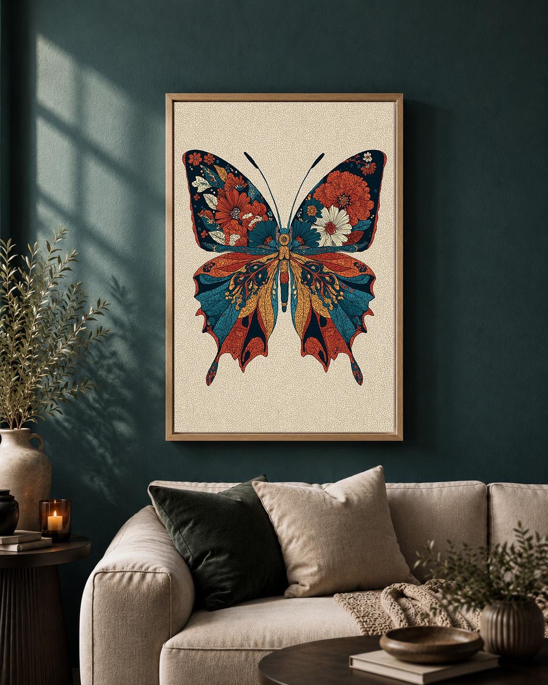 Vintage Floral Framed Butterfly Canvas Art, Cottagecore Botanical Wall Decor by The Wall Art Studio - physical