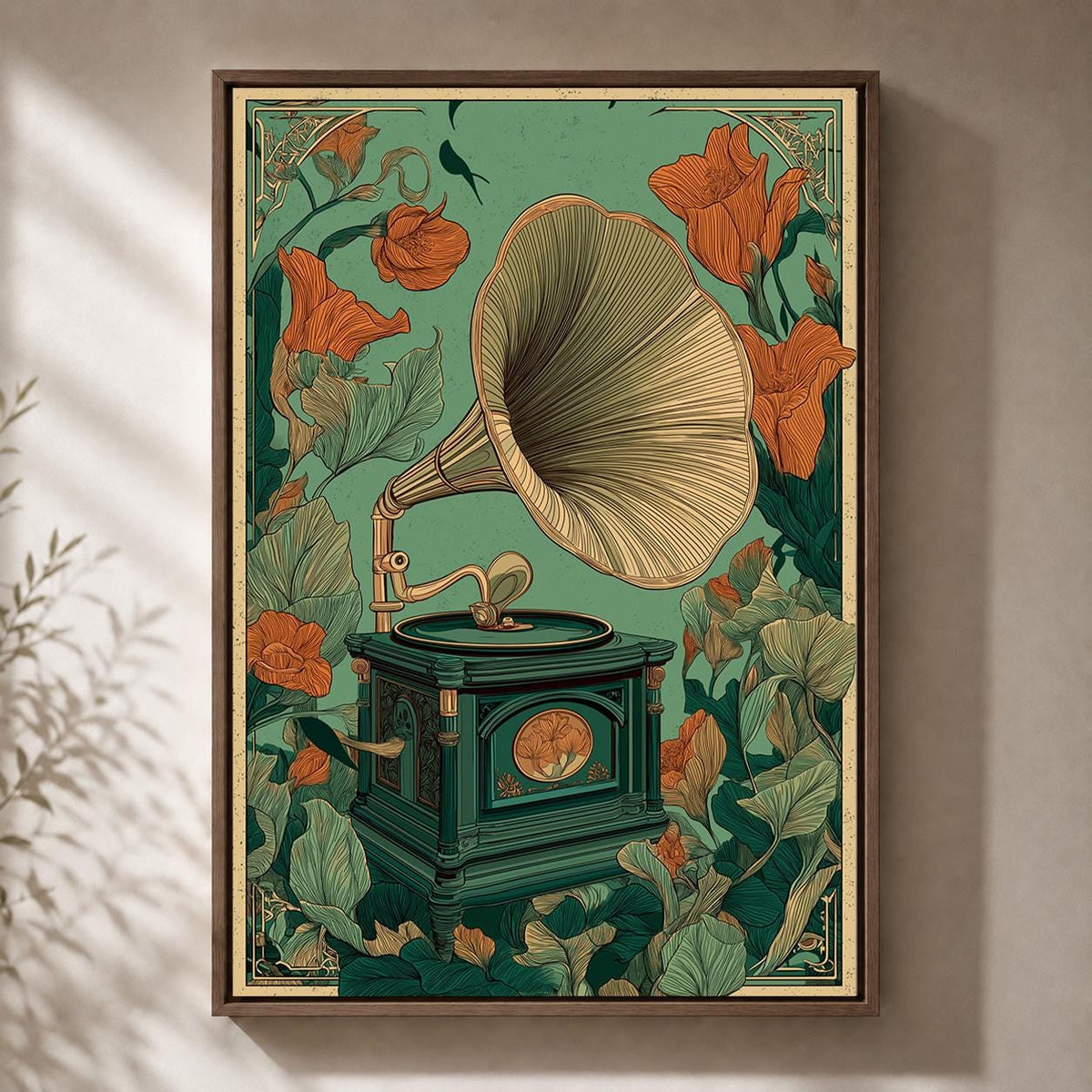 Vintage Gramophone Framed Canvas Art, Art Nouveau Phonograph Print, Botanical Music Wall Decor by The Wall Art Studio - ph...