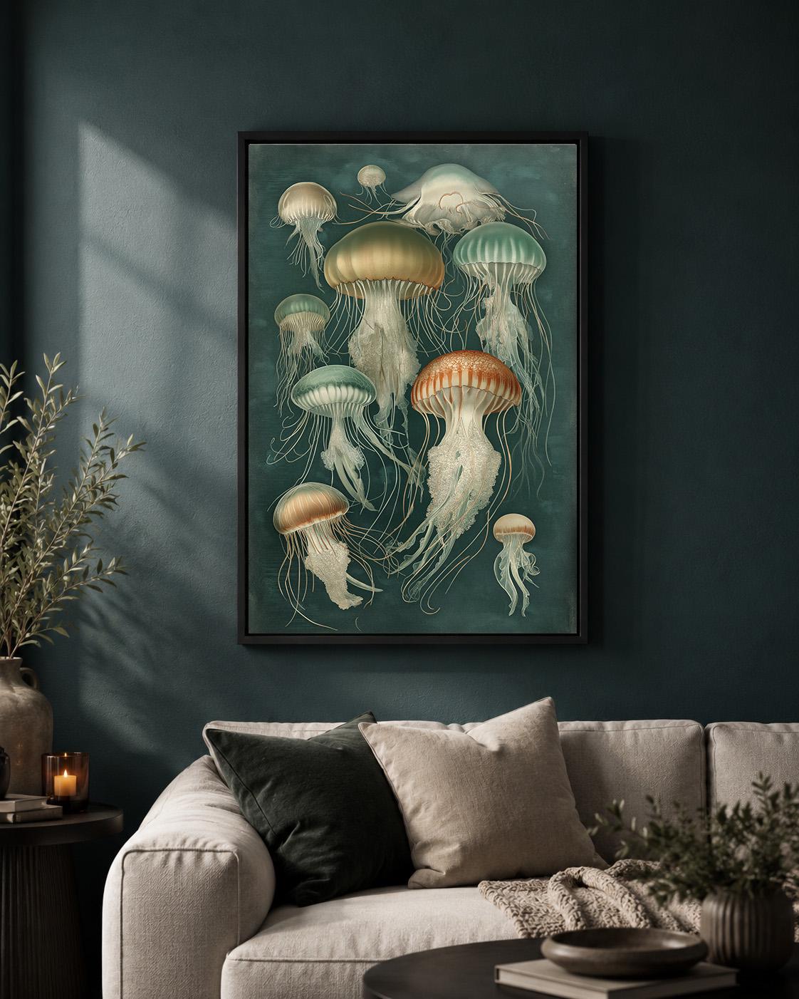 Vintage Jellyfish Framed Canvas Wall Art, Moody Nautical Marine Life Print by The Wall Art Studio - physical