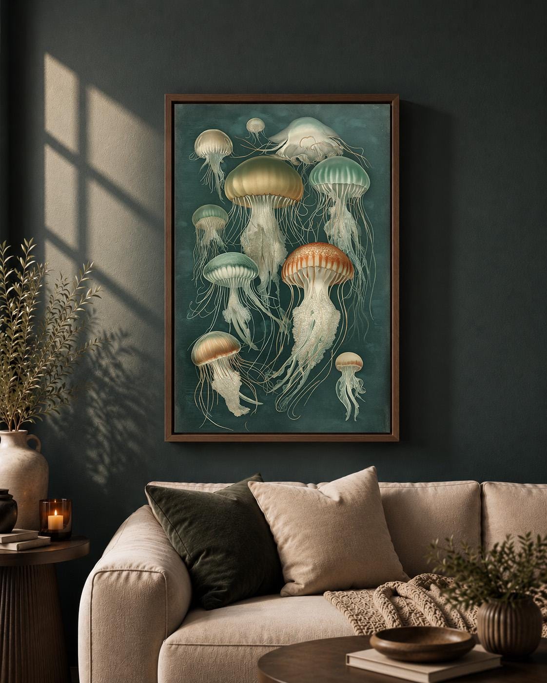 Vintage Jellyfish Framed Canvas Wall Art, Moody Nautical Marine Life Print by The Wall Art Studio - physical