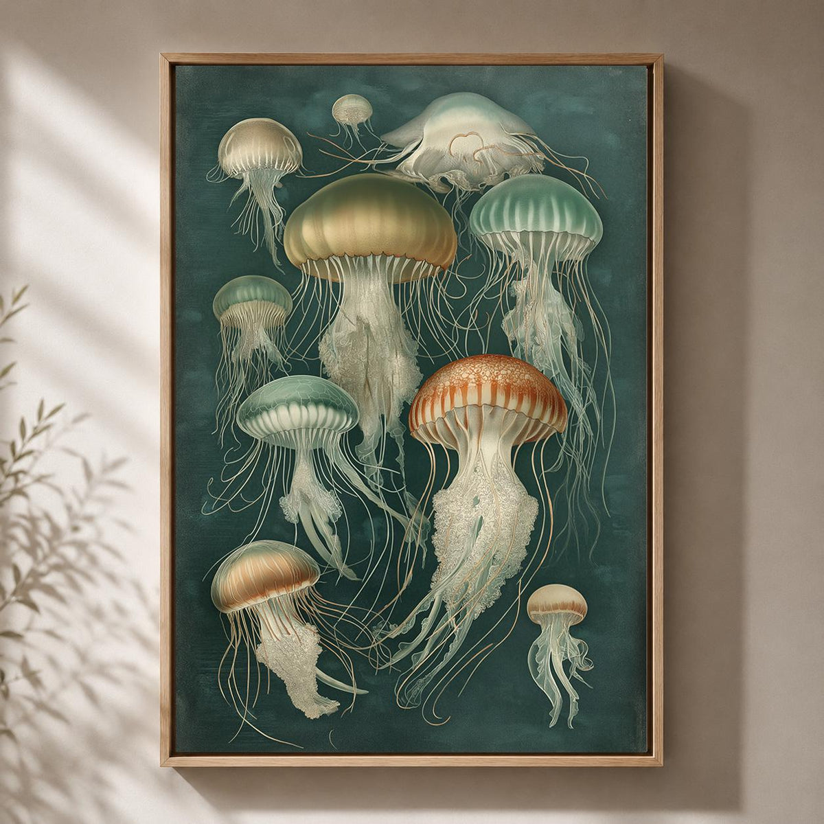 Vintage Jellyfish Framed Canvas Wall Art, Moody Nautical Marine Life Print by The Wall Art Studio - physical