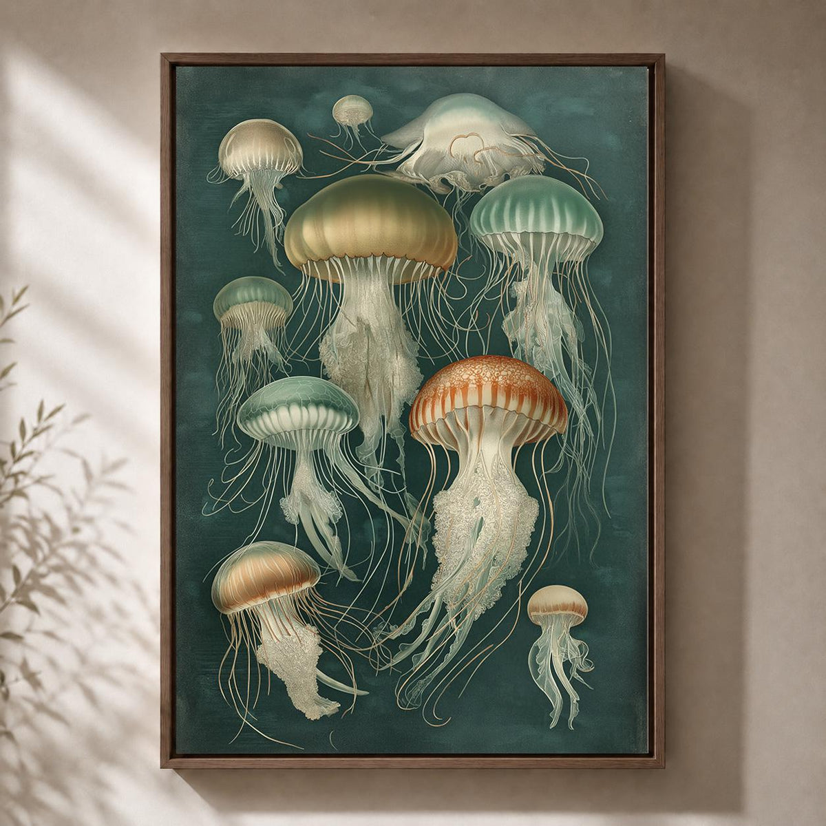 Vintage Jellyfish Framed Canvas Wall Art, Moody Nautical Marine Life Print by The Wall Art Studio - physical