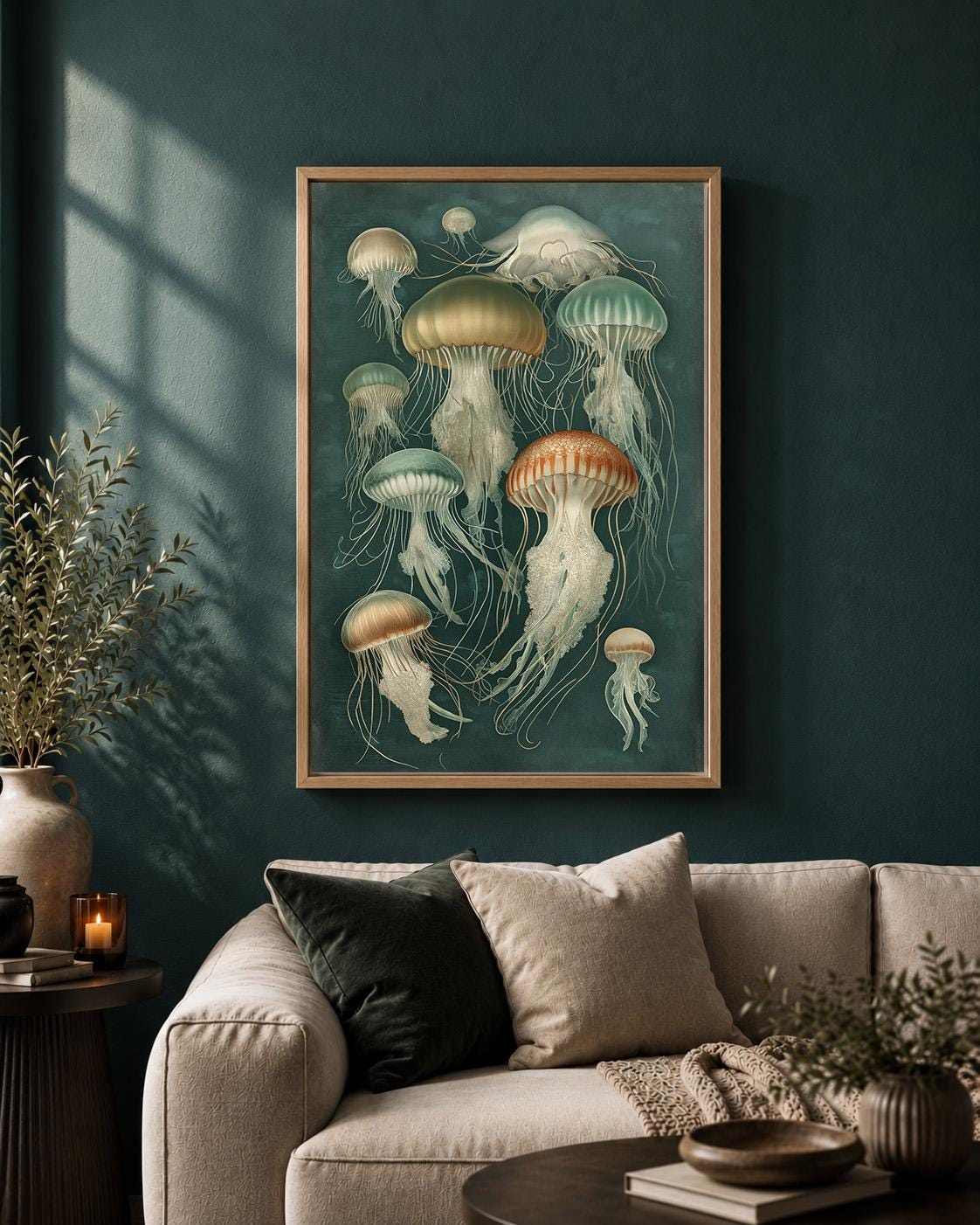 Vintage Jellyfish Framed Canvas Wall Art, Moody Nautical Marine Life Print by The Wall Art Studio - physical