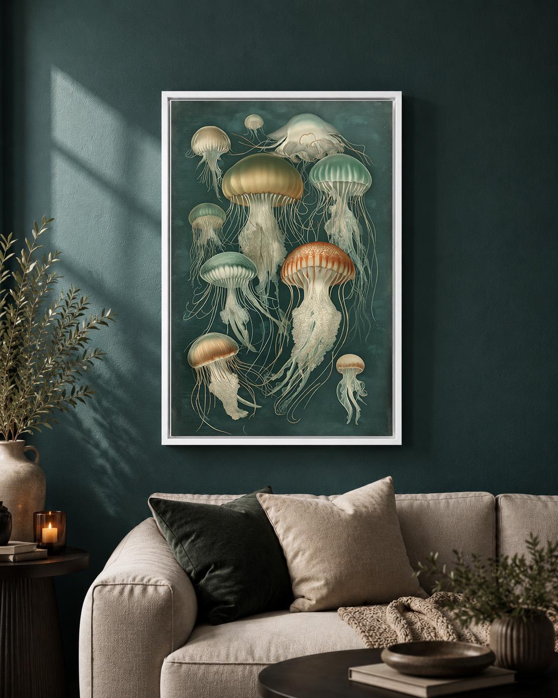 Vintage Jellyfish Framed Canvas Wall Art, Moody Nautical Marine Life Print by The Wall Art Studio - physical