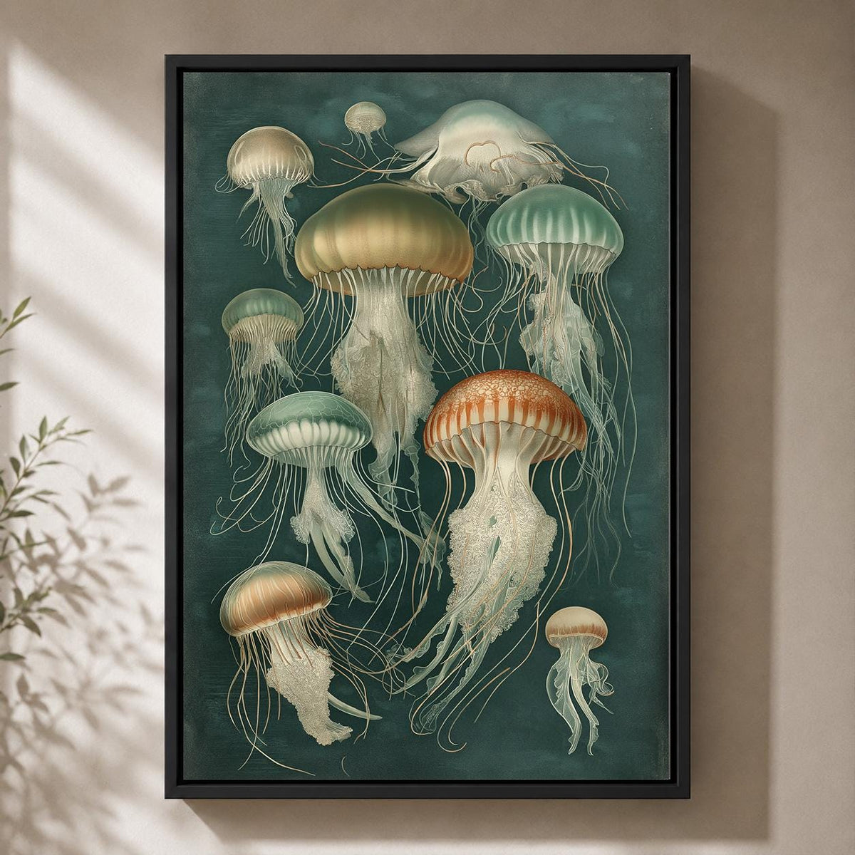 Vintage Jellyfish Framed Canvas Wall Art, Moody Nautical Marine Life Print by The Wall Art Studio - physical