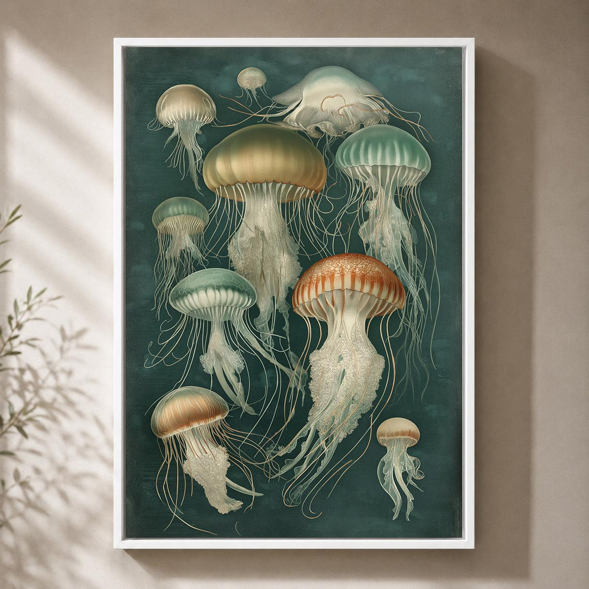 Vintage Jellyfish Framed Canvas Wall Art, Moody Nautical Marine Life Print by The Wall Art Studio - physical