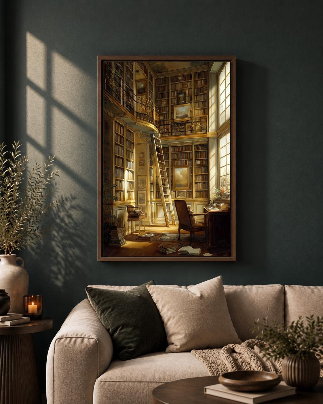 Vintage Library Framed Canvas Art, Dark Academia Book Room Decor, Cozy Study Artwork by The Wall Art Studio - physical