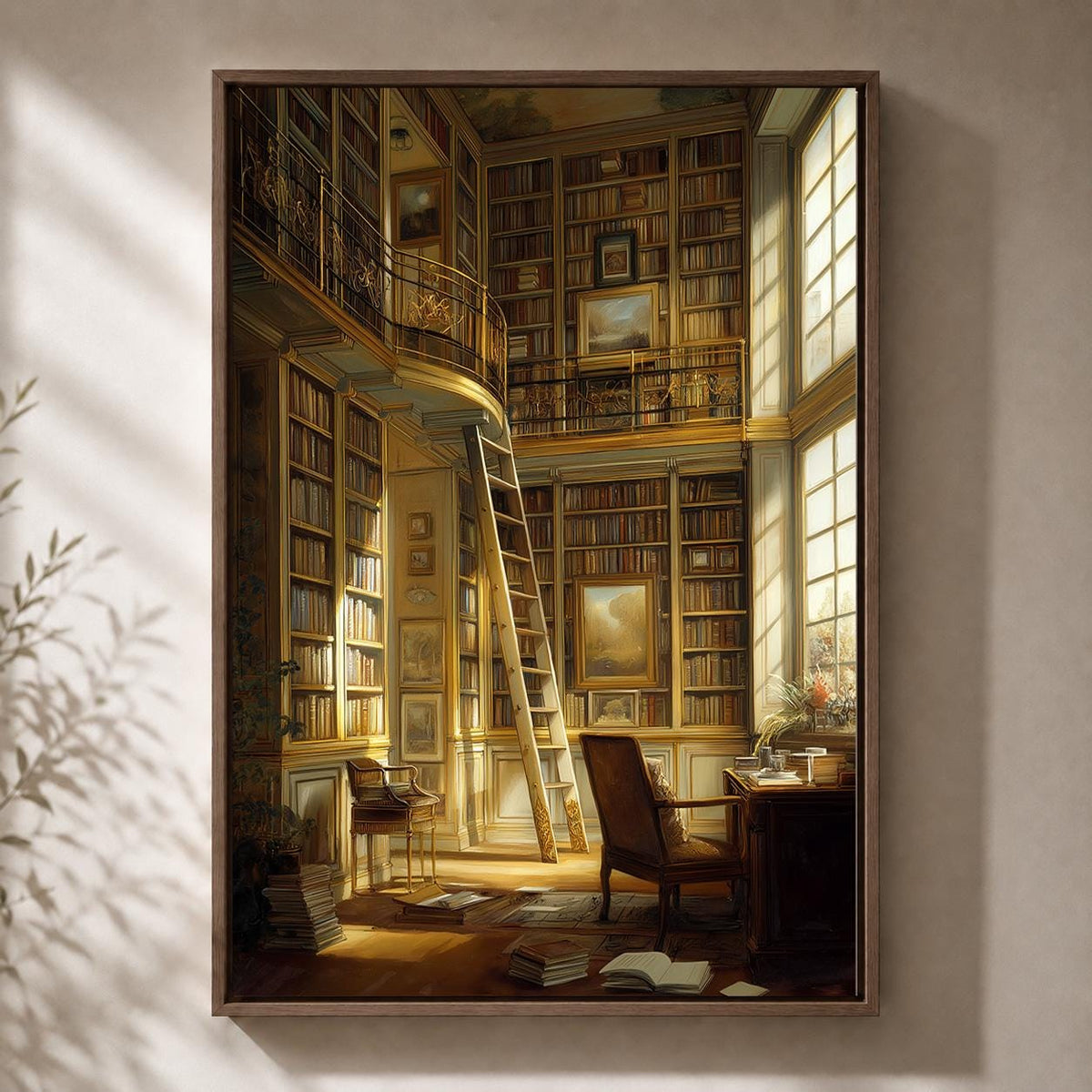 Vintage Library Framed Canvas Art, Dark Academia Book Room Decor, Cozy Study Artwork by The Wall Art Studio - physical