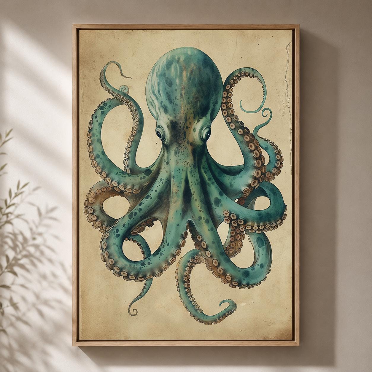 Vintage Octopus Framed Canvas Art, Coastal Nautical Print, Antique Sea Creature Wall Decor by The Wall Art Studio - physical