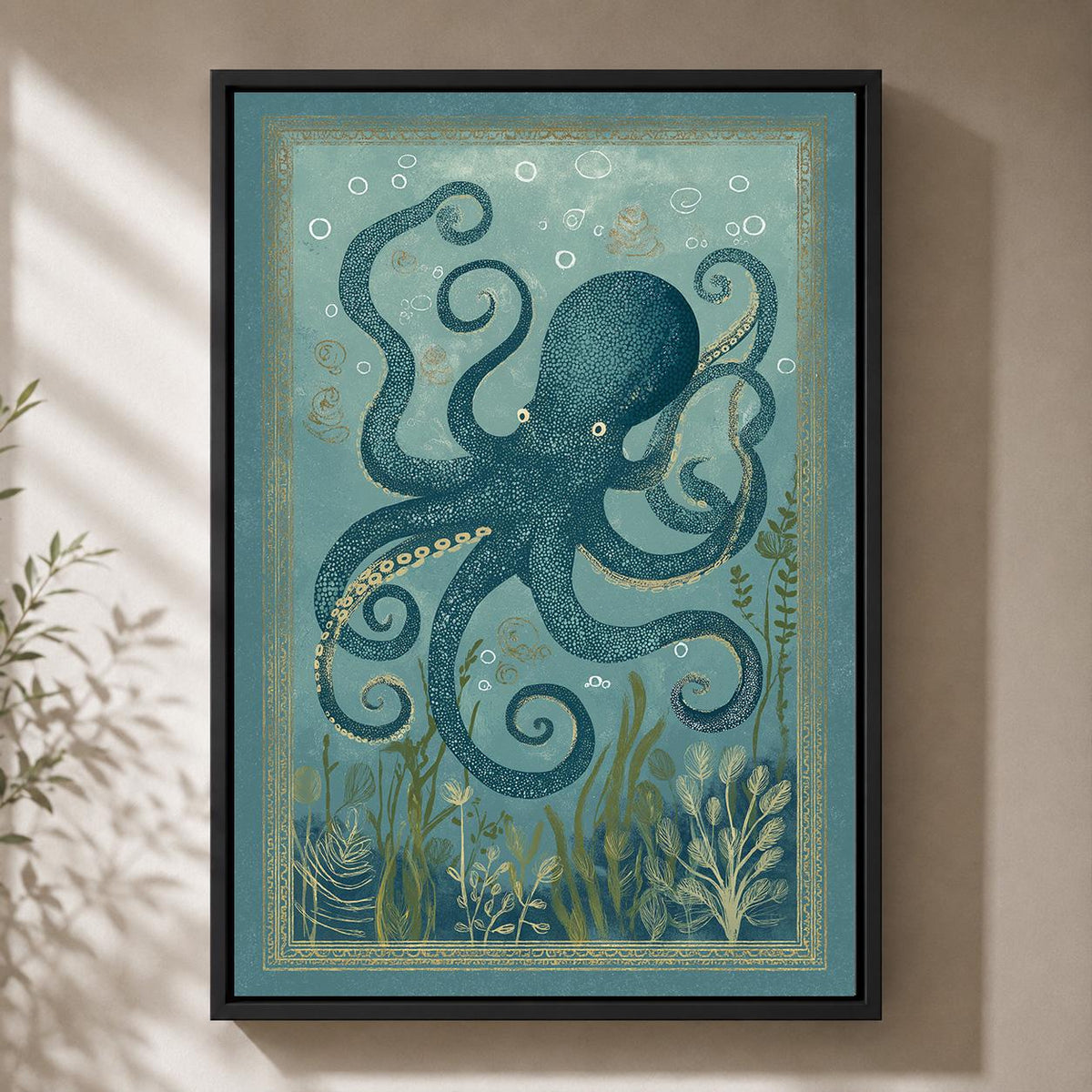 Vintage Octopus Framed Canvas Art, Coastal Sea Creature Print, Nautical Beach House Decor by The Wall Art Studio - physical