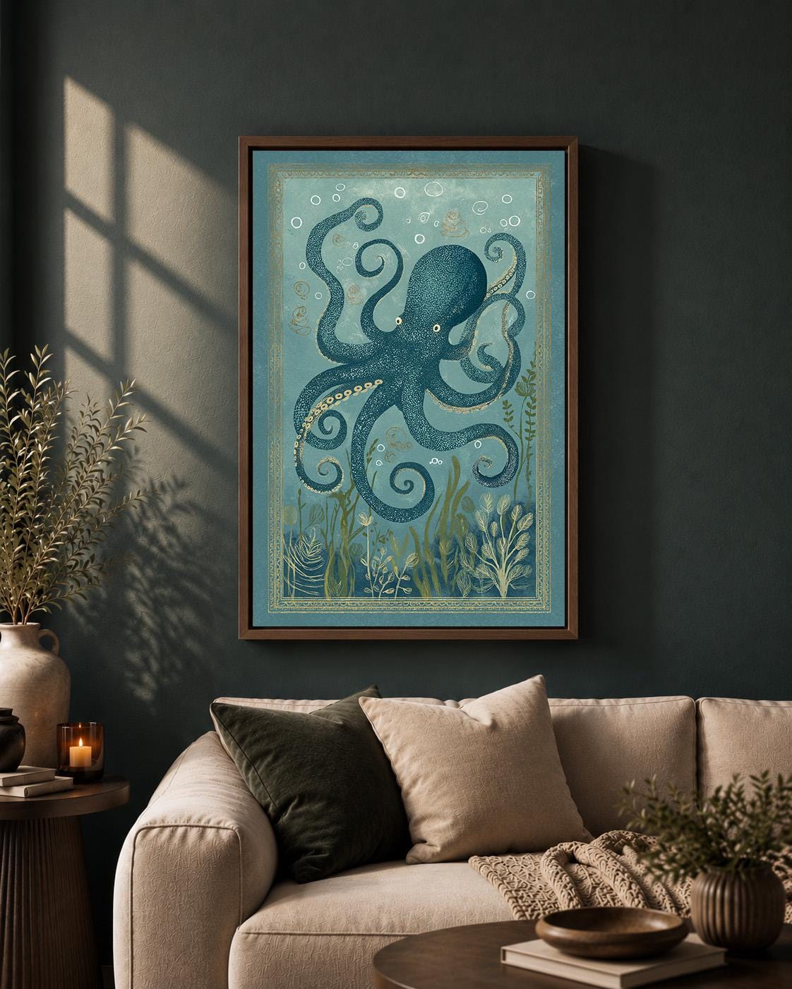 Vintage Octopus Framed Canvas Art, Coastal Sea Creature Print, Nautical Beach House Decor by The Wall Art Studio - physical