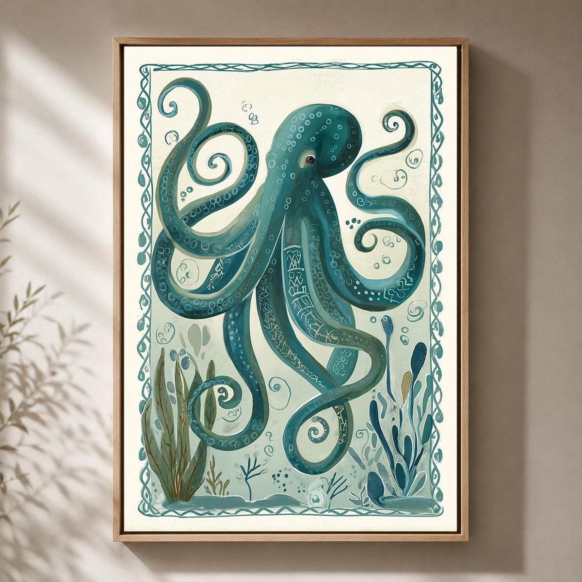 Vintage Octopus Framed Canvas Art, Coastal Sea Creature Print, Nautical Beach House Decor by The Wall Art Studio - physical